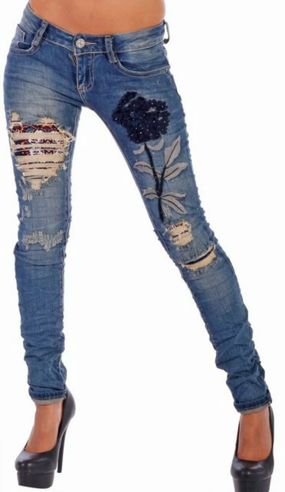 Charis Moda Röhrenjeans Skinny Jeans destroyed mit vielen Applikationen günstig online kaufen