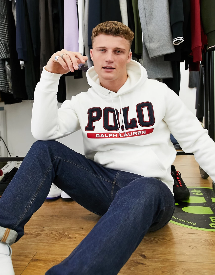 Polo Ralph Lauren – Kapuzenpullover mit Teddyfell und Logo vorne in Weiß günstig online kaufen