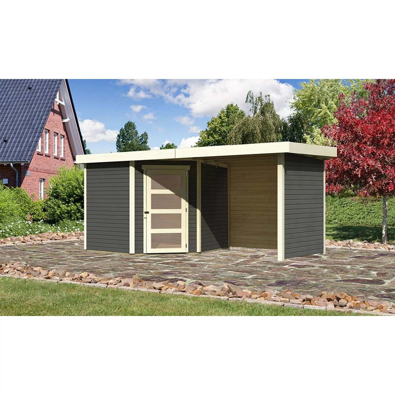 Karibu Holz-Gartenhaus Linköbing Terragrau Pultdach Lackiert 238 cm x 242 c günstig online kaufen