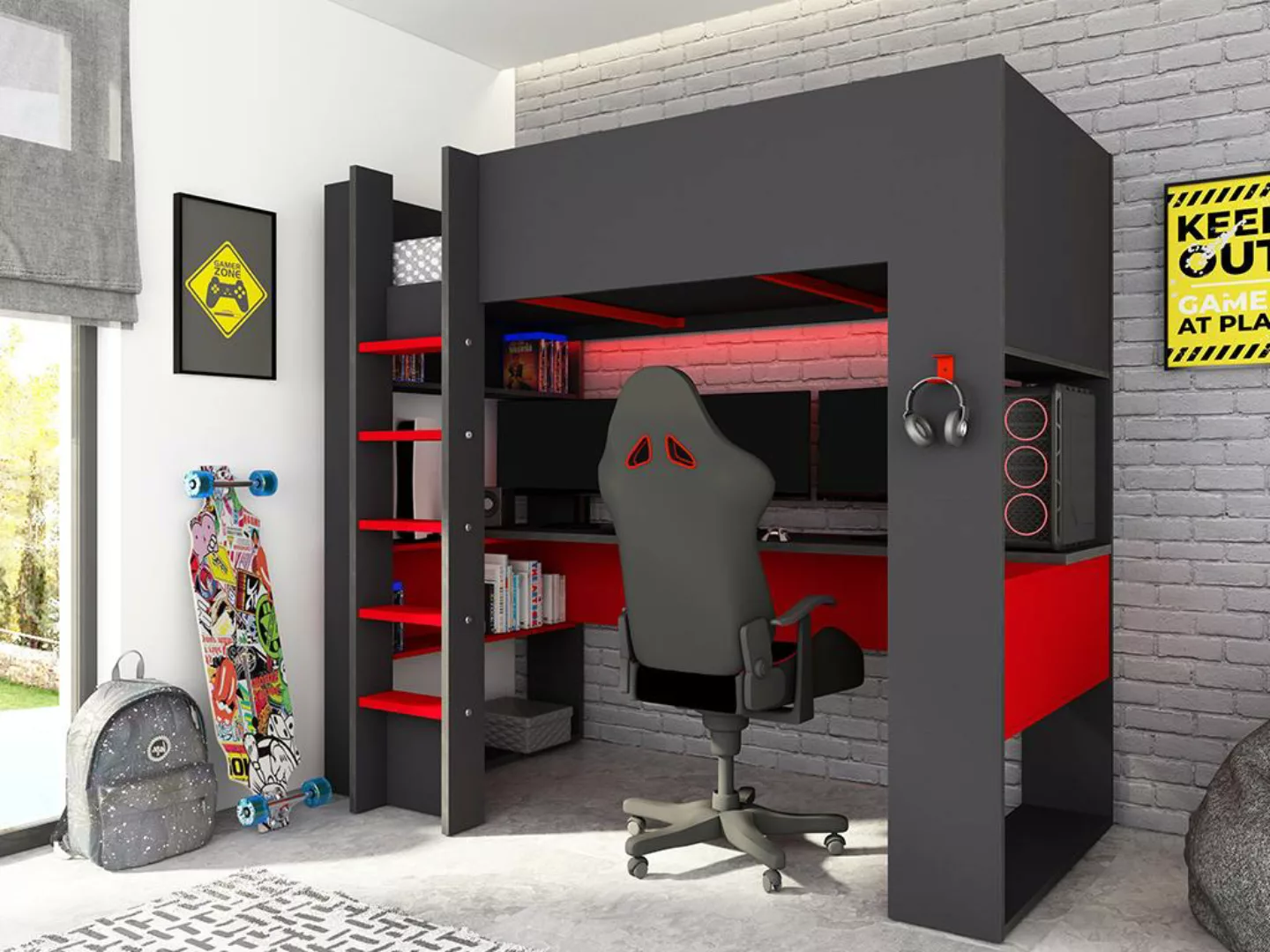Hochbett mit Gaming-Schreibtisch & Stauraum + LEDs + Matratze - 90 x 200 cm günstig online kaufen