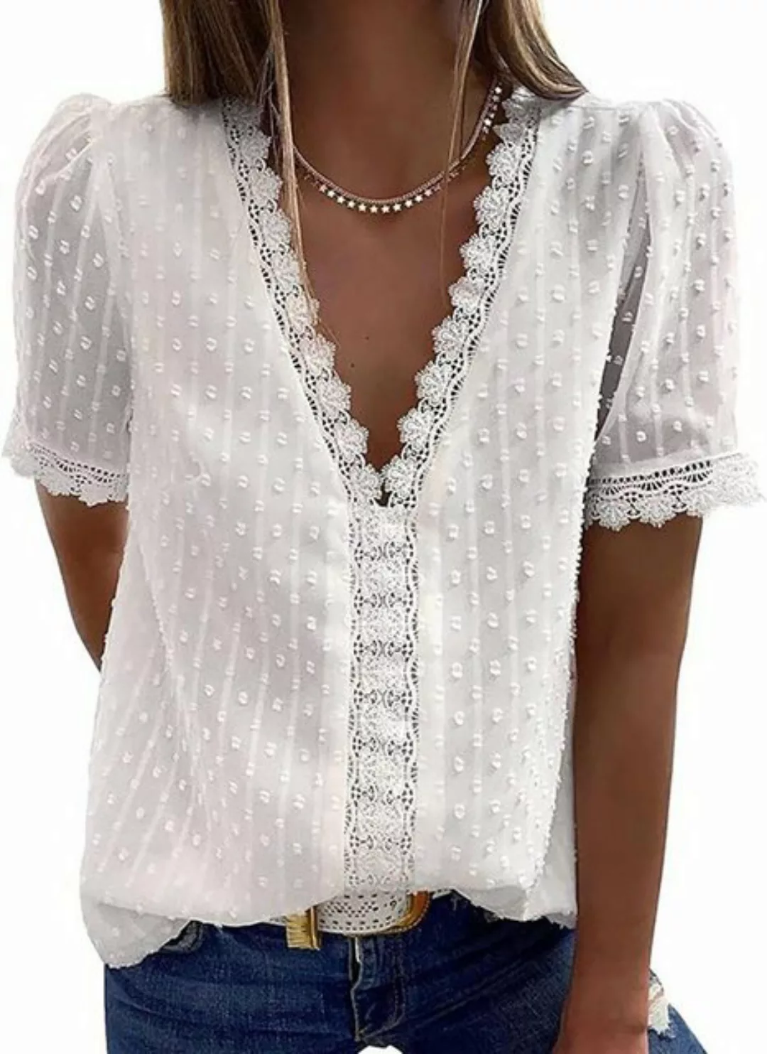 AFAZ New Trading UG Langarmshirt Bluse Damen, Tupfen Chiffon Tunika Spitzen günstig online kaufen