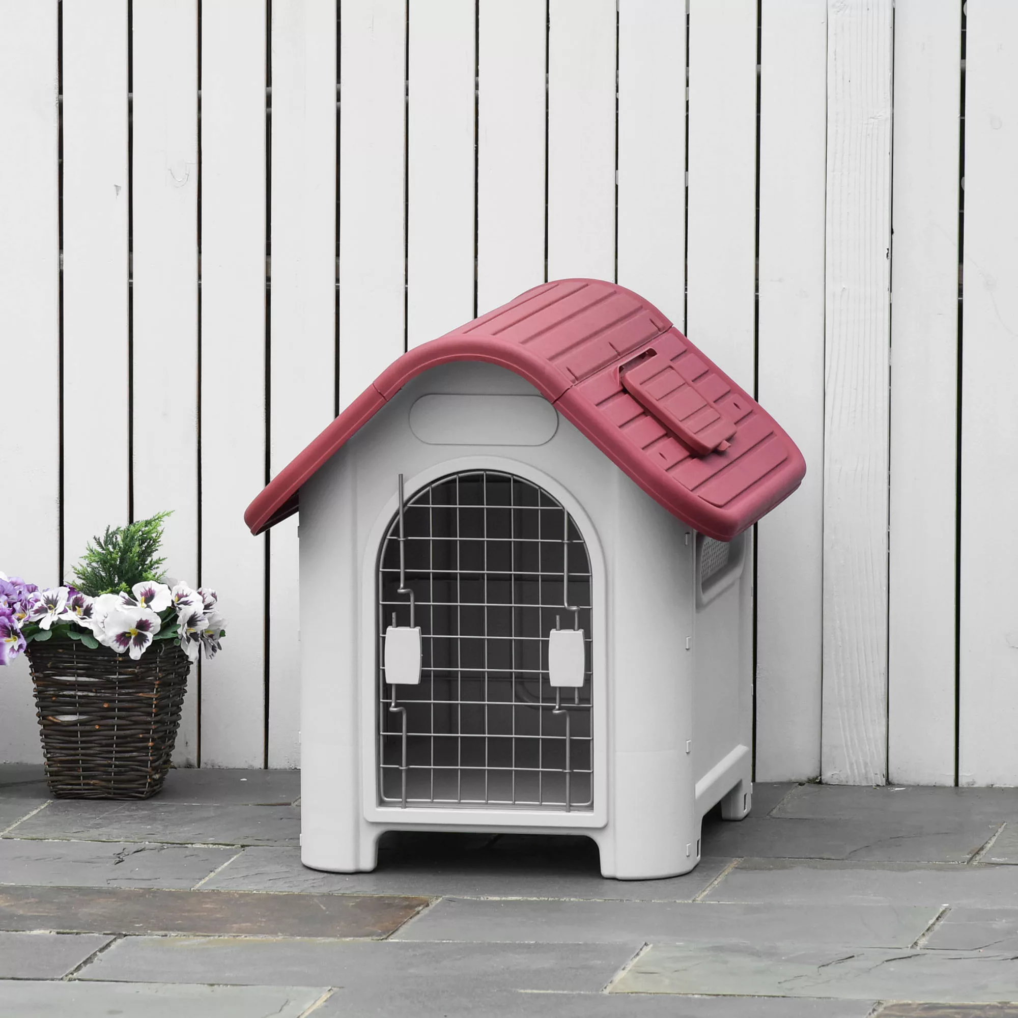 PawHut Hundehütte Outdoor Hundehaus mit Dachluke Tor Unterschlupf für klein günstig online kaufen