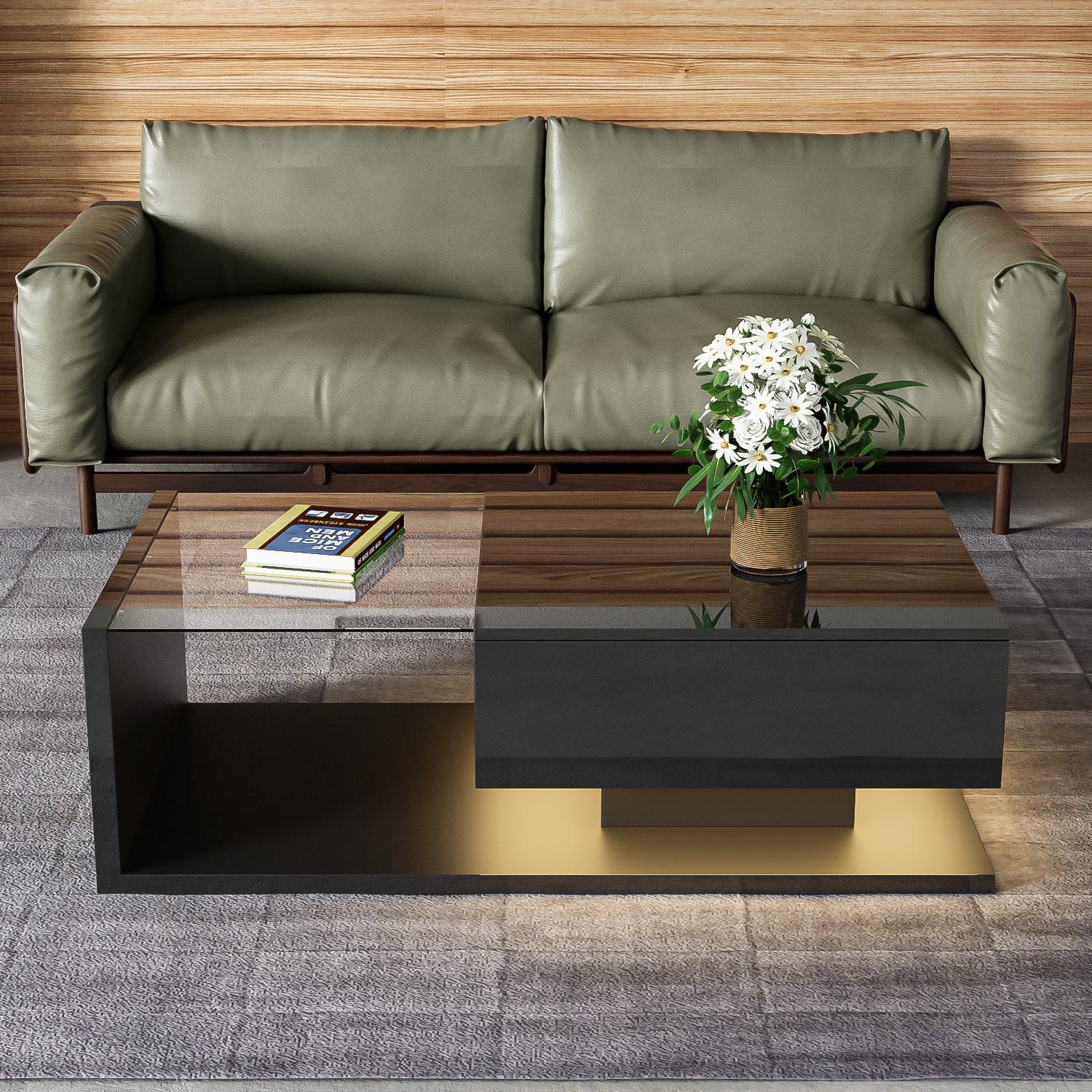 Couchtisch Hochglanz Schwarz mit Glasplatte und LED-Beleuchtung, Modernes D günstig online kaufen
