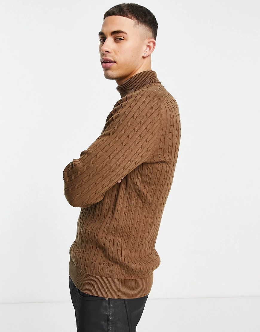 Selected Homme – Rollkragenpullover aus Bio-Baumwolle in Hellbraun mit Zopf günstig online kaufen