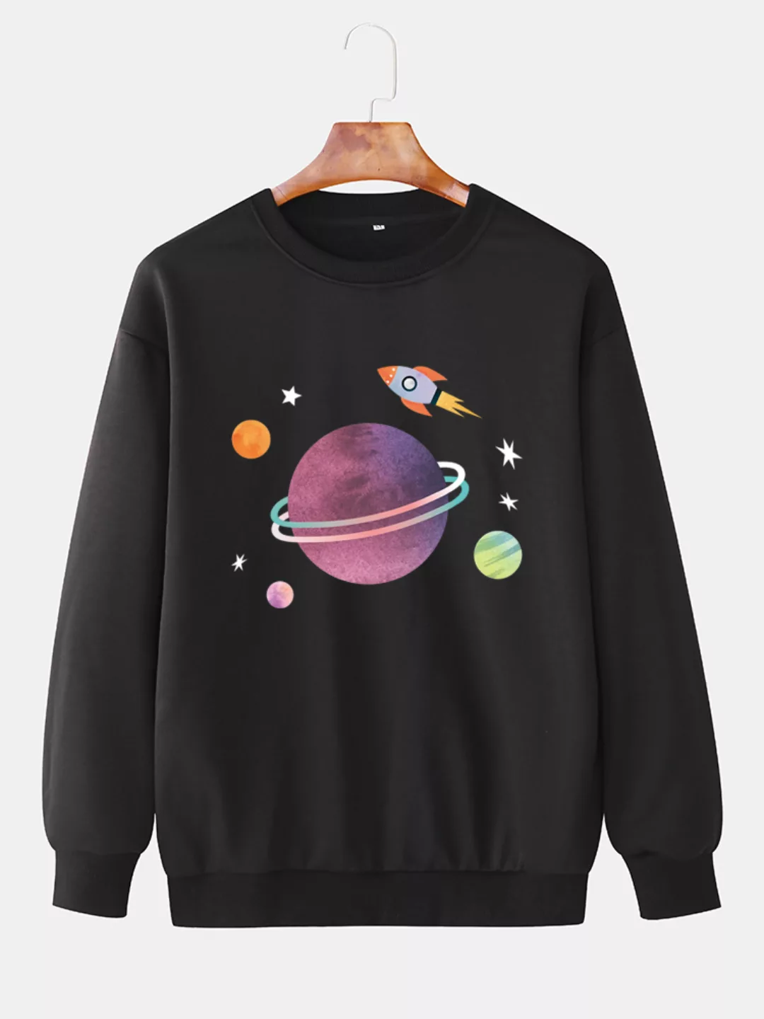 Herren Cartoon Planet & Rocket Print Lose Casual Sweatshirts mit Rundhalsau günstig online kaufen