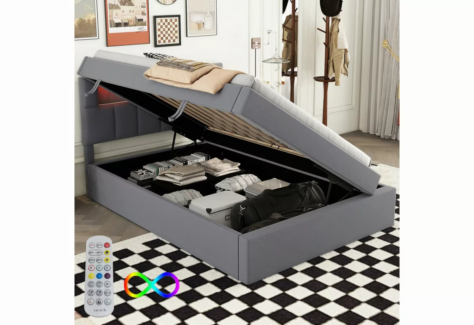 REDOM Polsterbett Stauraumbett Funktionsbett (Ambientelicht über dem Bett, günstig online kaufen
