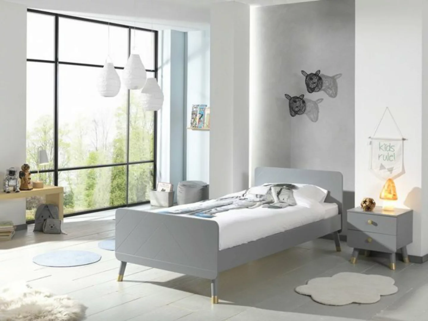 Natur24 Kinderbett Set BILY Einzelbett mit Nachtkonsole MDF Grau günstig online kaufen