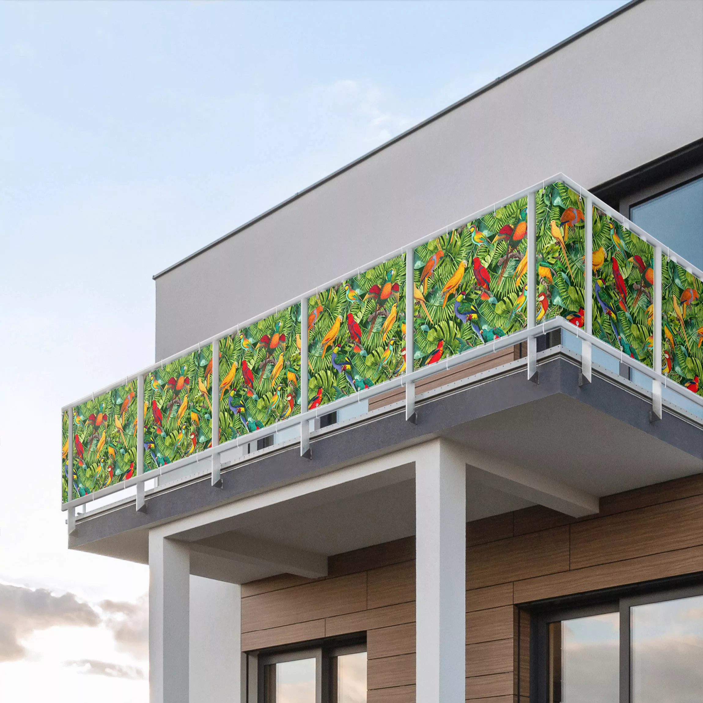 Balkon Sichtschutz Bunte Collage - Papageien im Dschungel günstig online kaufen