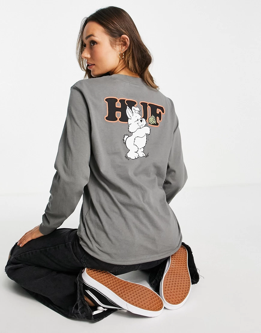 Huf – Lässiges, langärmliges Shirt mit niedlichem Hasen-Print hinten-Grau günstig online kaufen