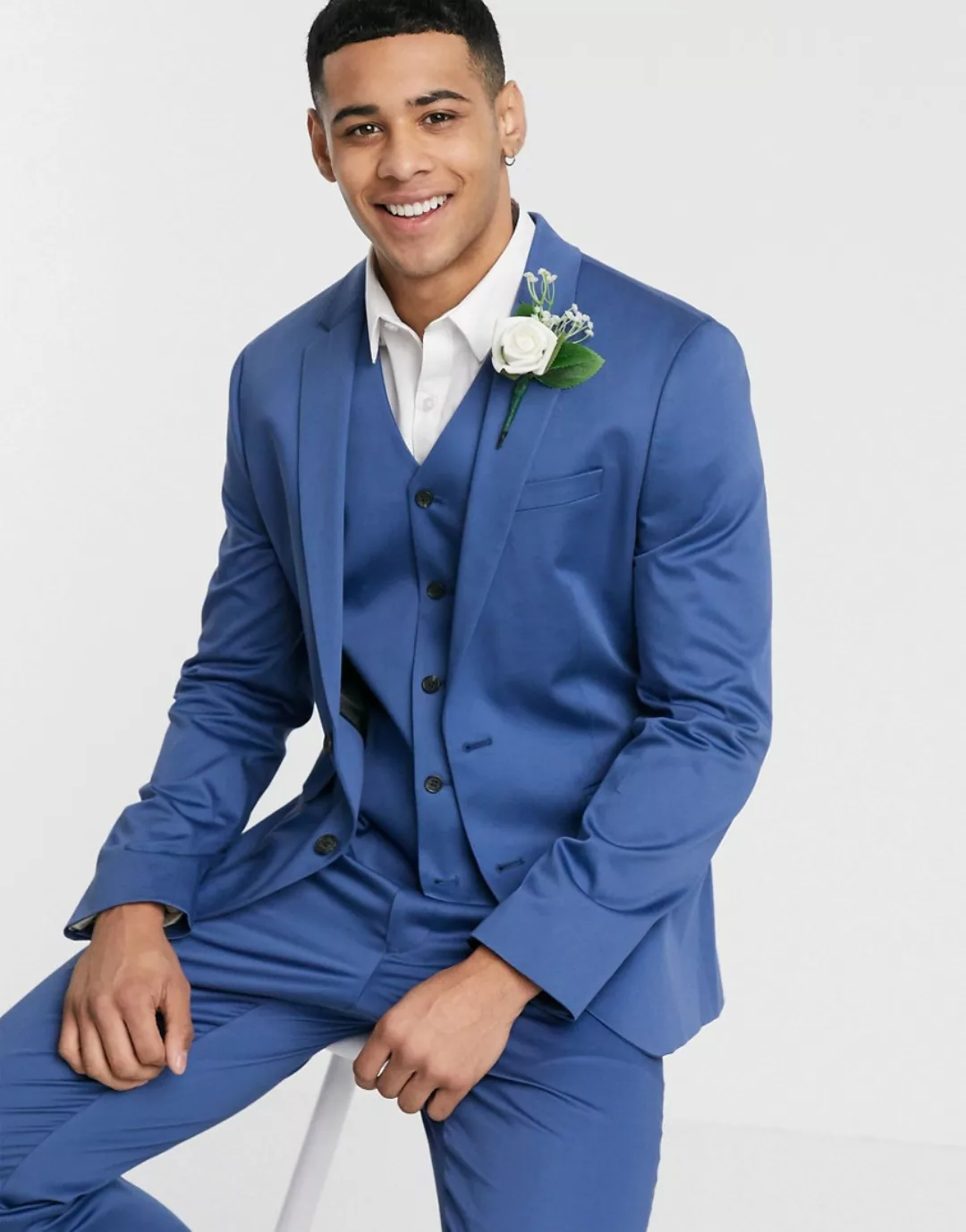 ASOS DESIGN Wedding – Schmale Anzugjacke aus Baumwollstretch in Blau günstig online kaufen