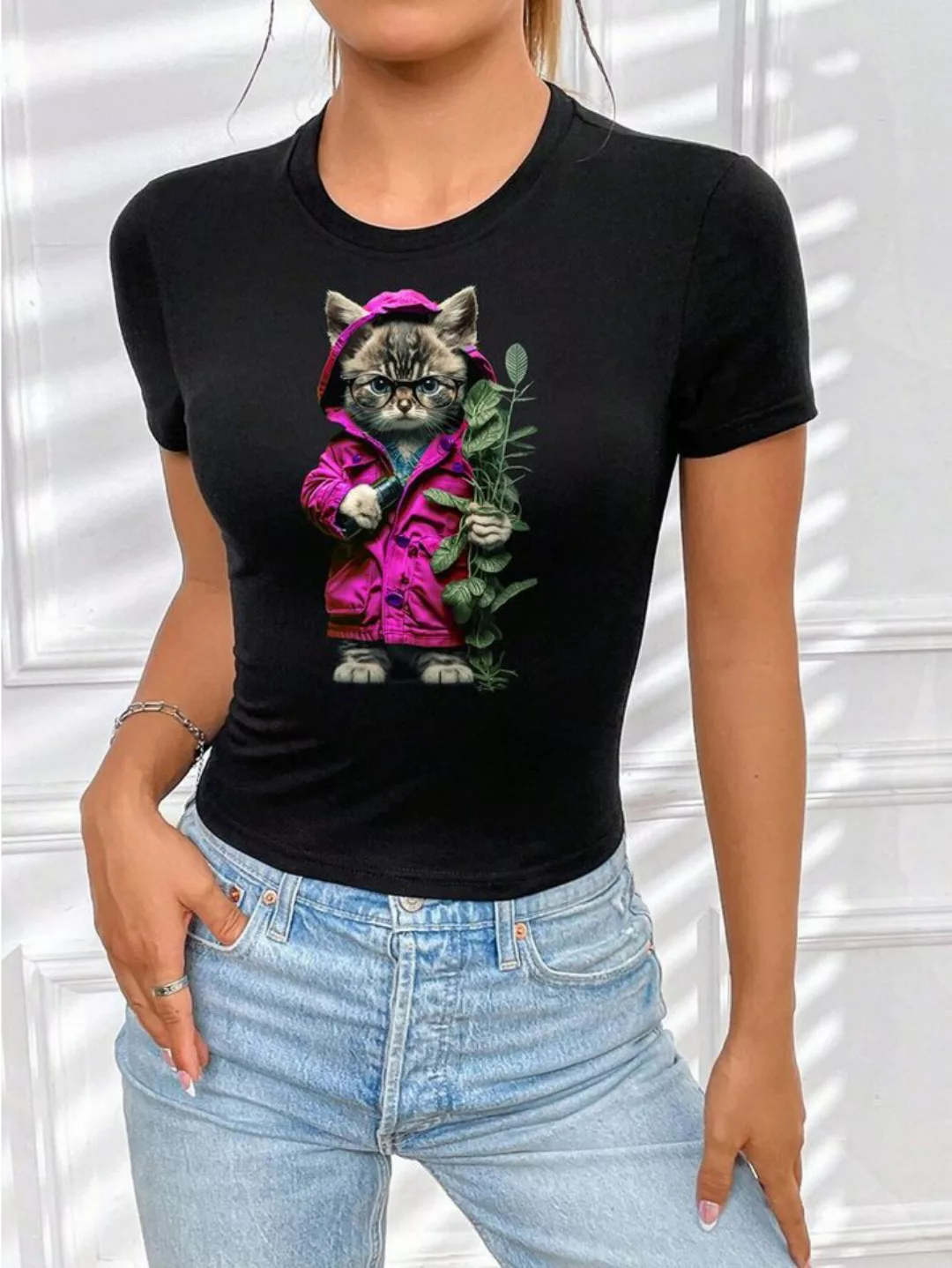 RMK T-Shirt Damen Shirt Top kurzarm Freizeit Rundhals Blume Garten "Cat Kat günstig online kaufen