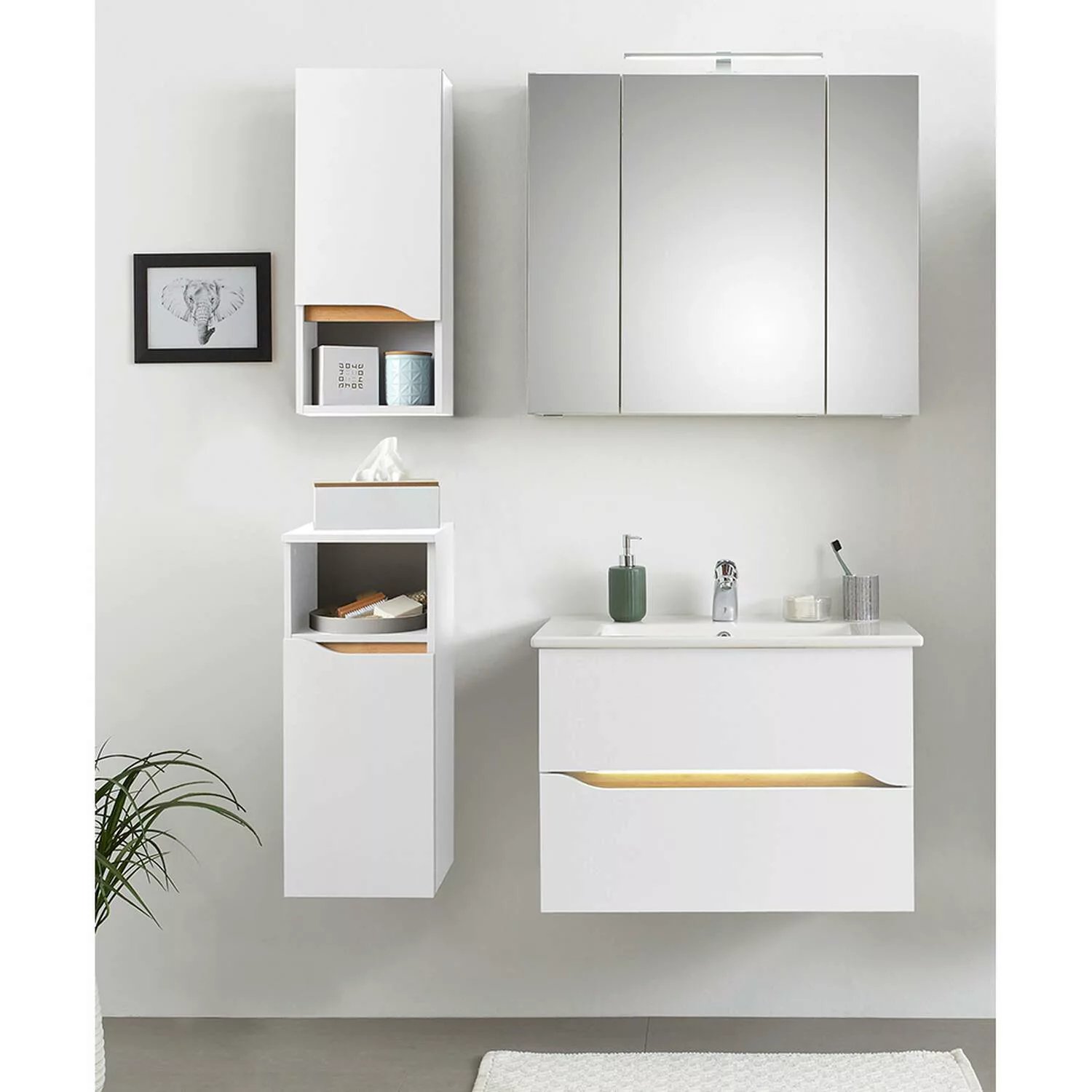 Bad Möbel Set mit Keramik Waschbecken und beleuchtetem Waschtischgriff QUEI günstig online kaufen