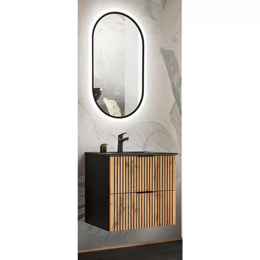 Waschplatz Set Waschtisch 60 cm mit Keramik Waschbecken schwarz, LED Spiege günstig online kaufen