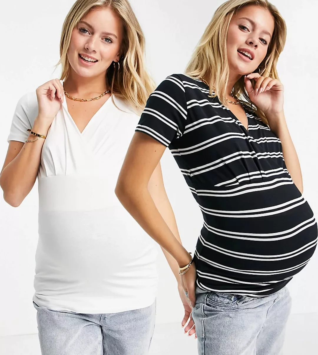 Mamalicious Maternity – 2er-Pack T-Shirt mit stilltauglichem Wickel-Design günstig online kaufen