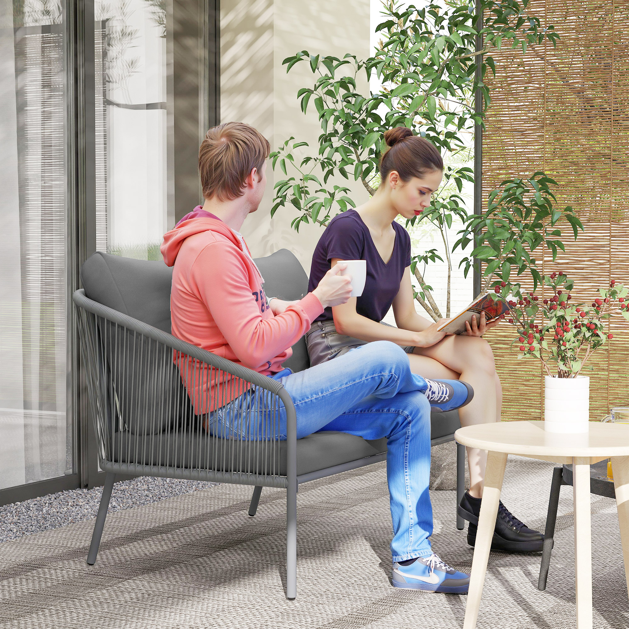 Outsunny Gartensofa mit Kissen 2-Sitzer Rattan Sofa Lounge Sofa Outdoor Bal günstig online kaufen