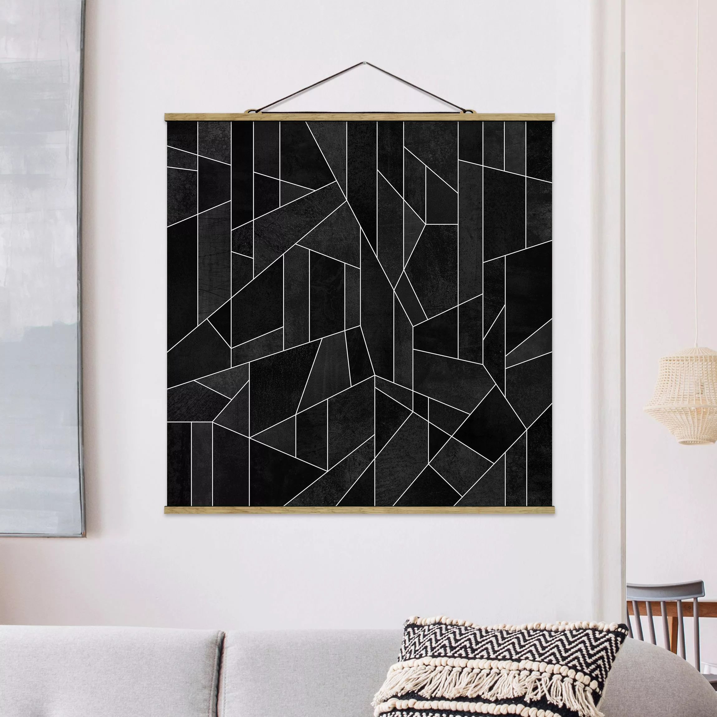 Stoffbild Abstrakt mit Posterleisten - Quadrat Schwarz Weiß Geometrie Aquar günstig online kaufen