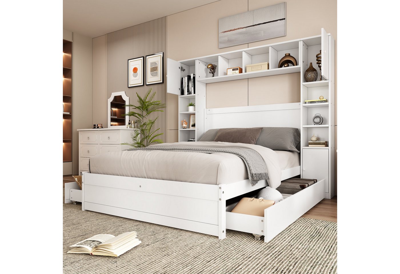 MODFU Stauraumbett Doppelbett, hohes Bett mit zwei Anti-Kipp-Schnallen (Fla günstig online kaufen