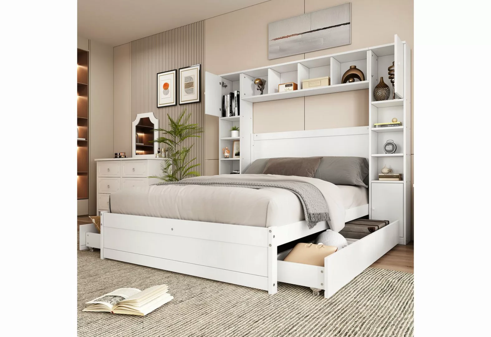 REDOM Stauraumbett Holzbett Doppelbett, hohes Bett mit zwei Anti-Kipp-Schna günstig online kaufen
