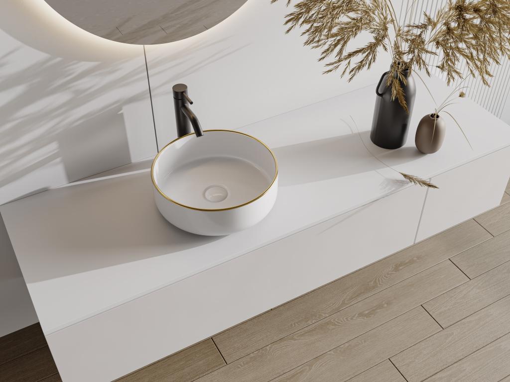 Aufsatzwaschbecken rund - Keramik - Weiß mit goldfarbener Umrandung - 36 cm günstig online kaufen