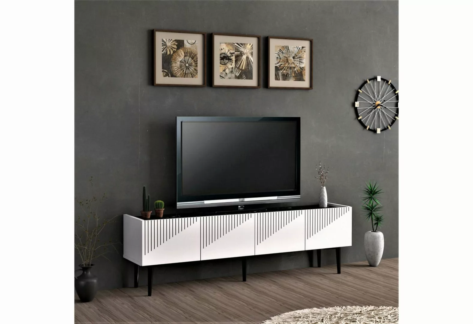 en.casa TV-Schrank »Oppdal« 154x37x45cm Weiß / Marmor, schwarz günstig online kaufen