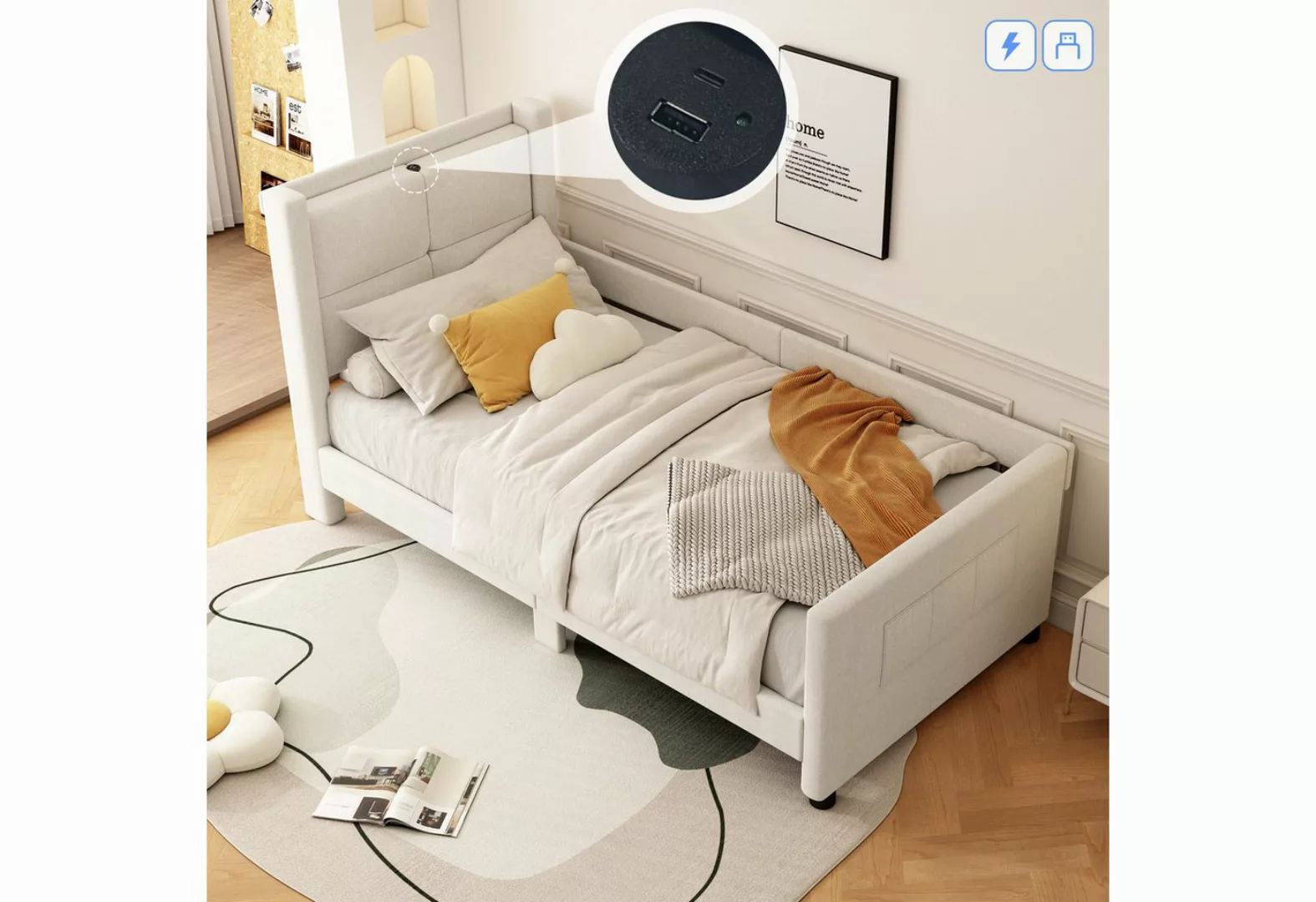 RIYO Einzelbett Flachbett 90cm*200cm gepolstert mit USB-Anschluss minimalis günstig online kaufen