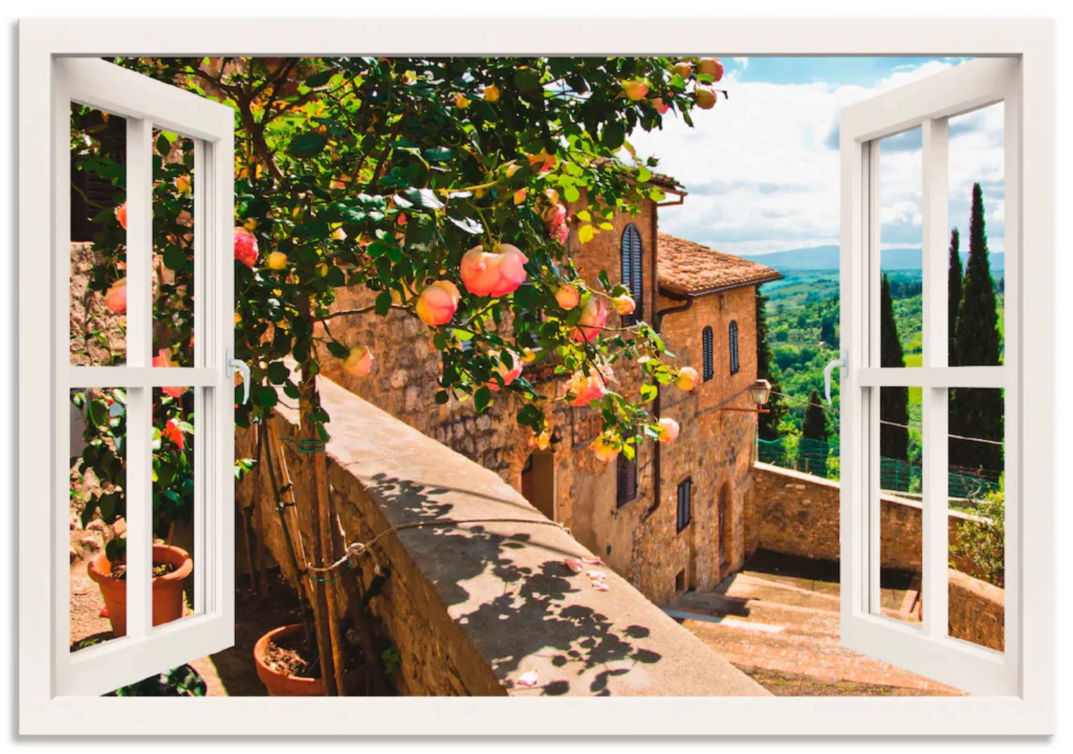 Artland Wandbild »Fensterblick Rosen auf Balkon Toskana«, Garten, (1 St.) günstig online kaufen