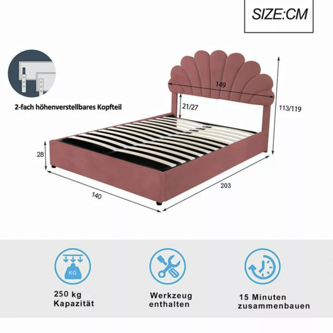 Ulife Polsterbett hydraulisches Doppelbett Jugendbett mit Blumenform-Kopfte günstig online kaufen