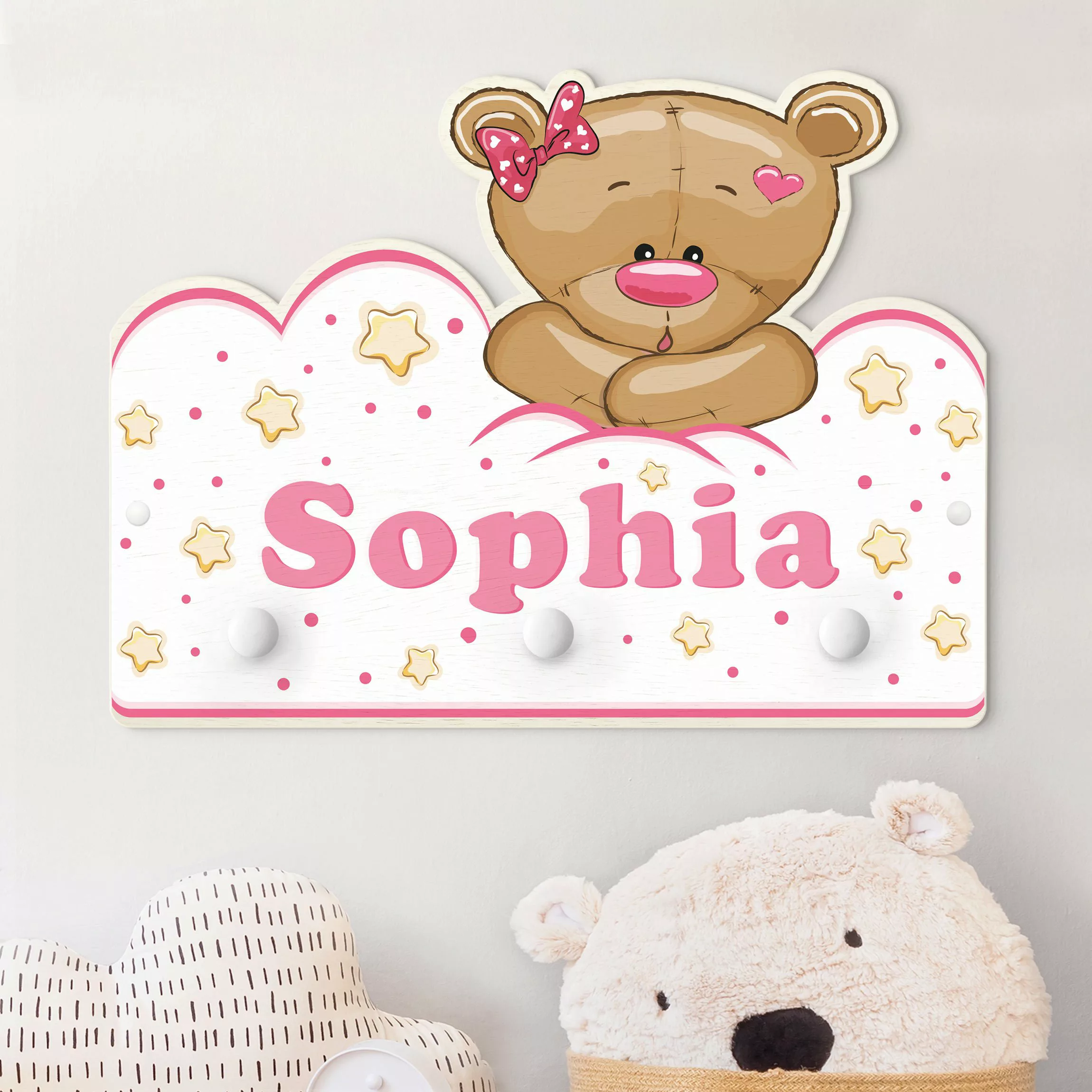 Kindergarderobe Holz mit Namen Wolken Teddy rosa mit Wunschnamen günstig online kaufen