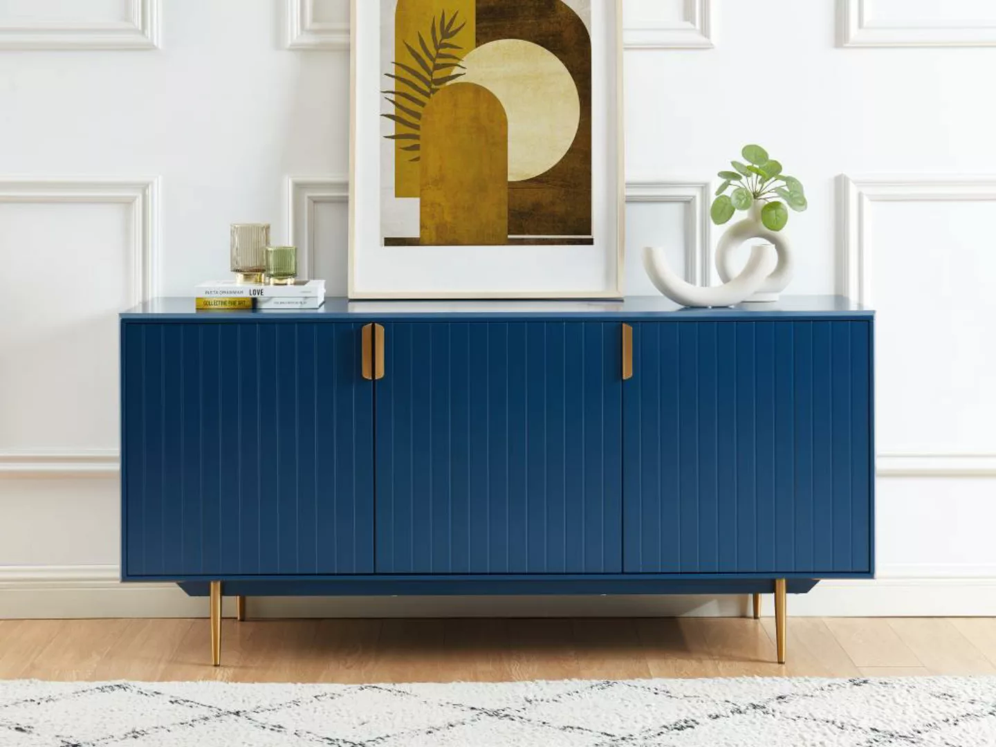 Sideboard mit 3 Türen - MDF & Metall - Blau & Goldfarben - LIKANA günstig online kaufen