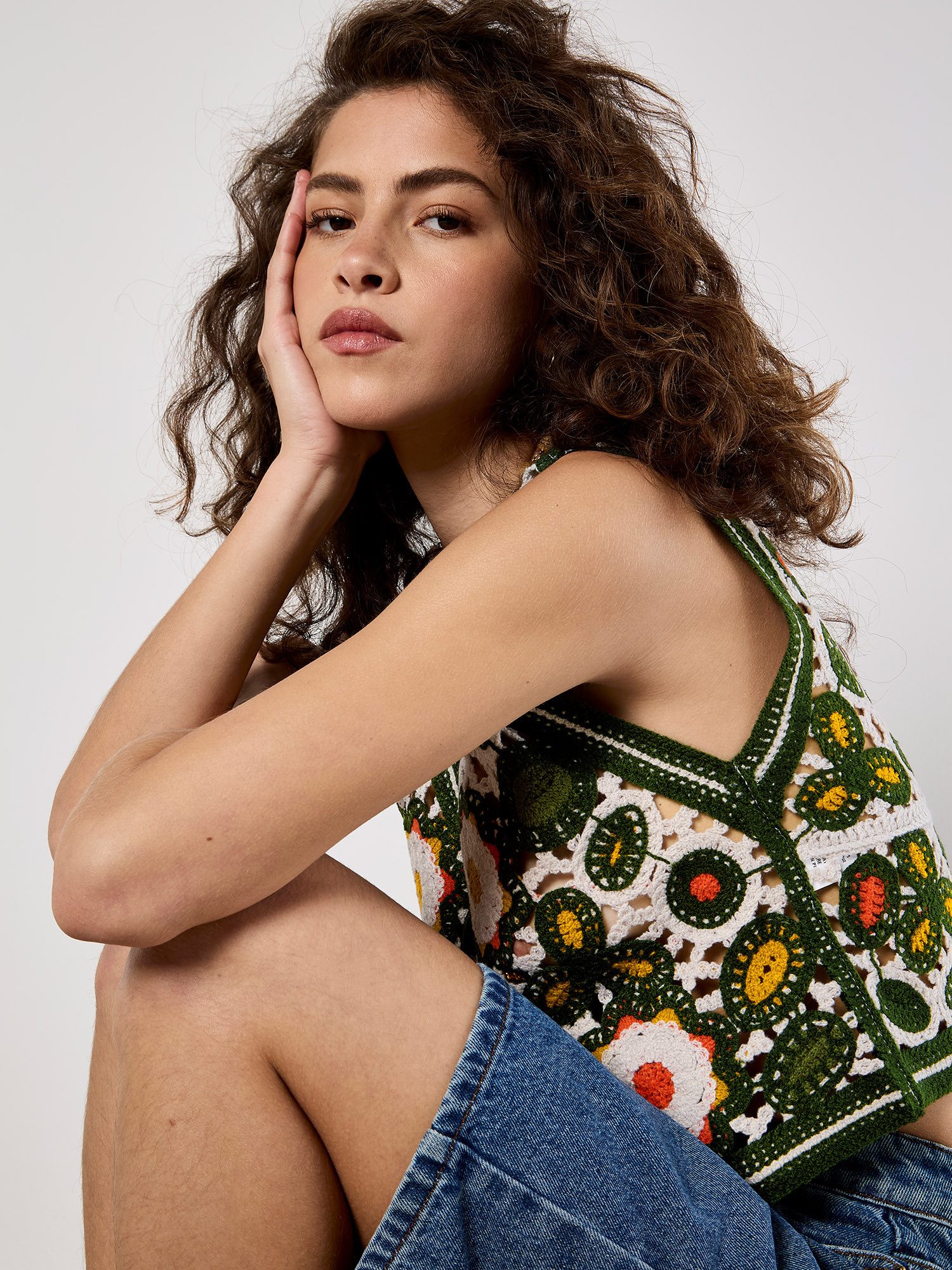 Apricot Stricktop Geblümte Häkelweste, im Boho-Look günstig online kaufen