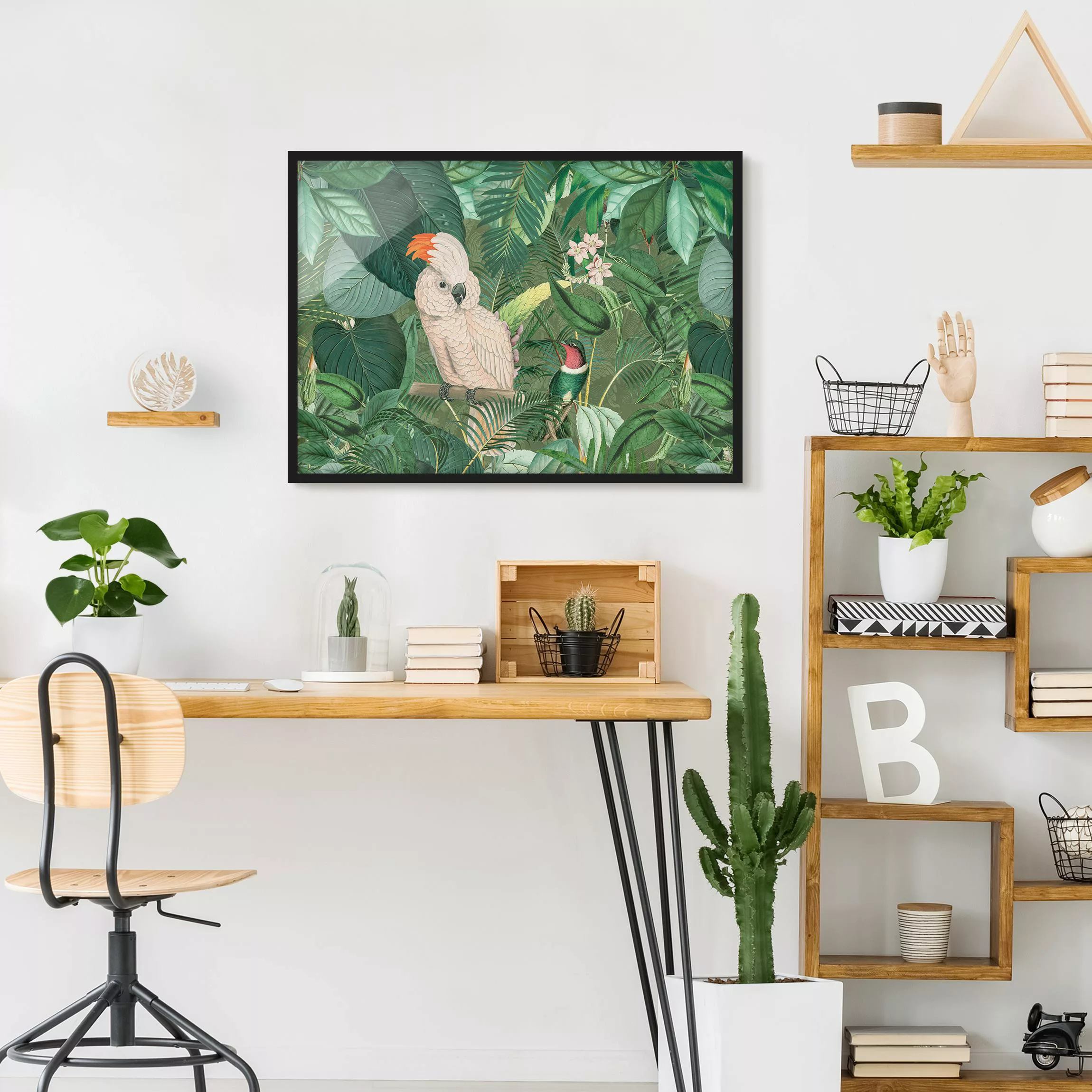 Bild mit Rahmen Tiere - Querformat Vintage Collage - Kakadu und Kolibri günstig online kaufen