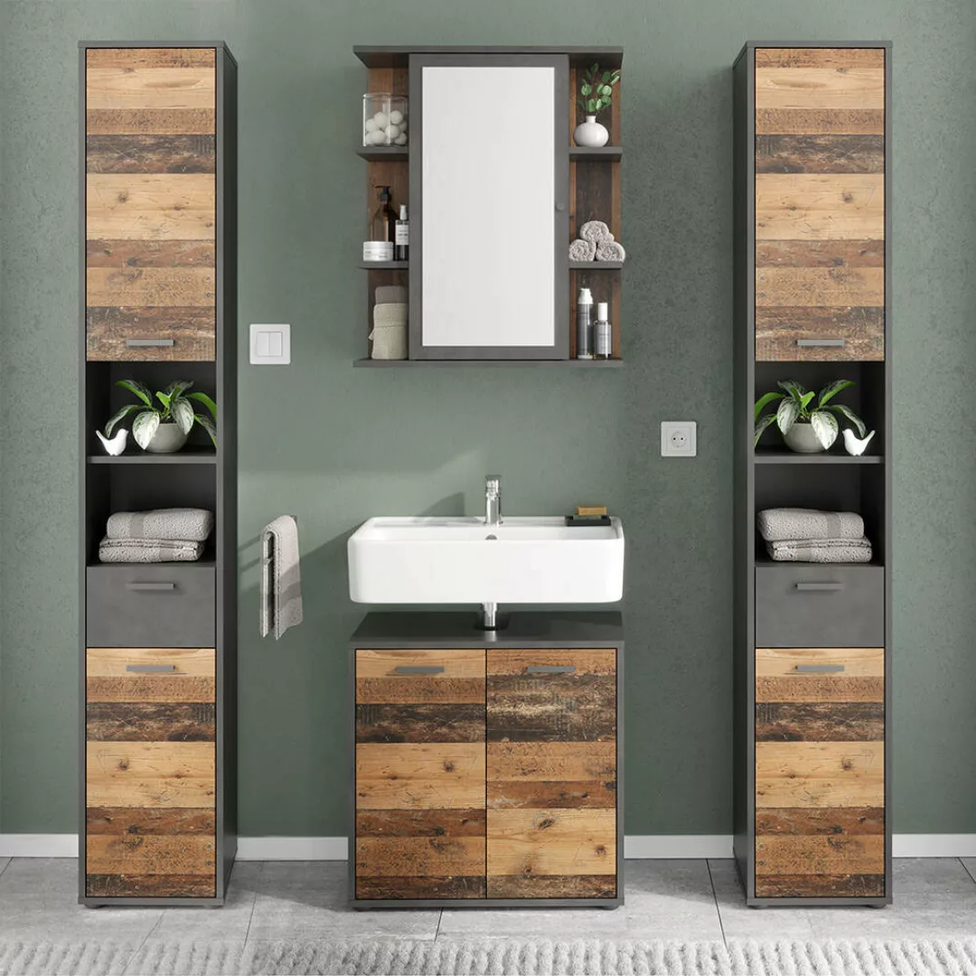 Badezimmer Komplett Set inkl. 2 Hochschränke in grau mit Betonoptik und Alt günstig online kaufen