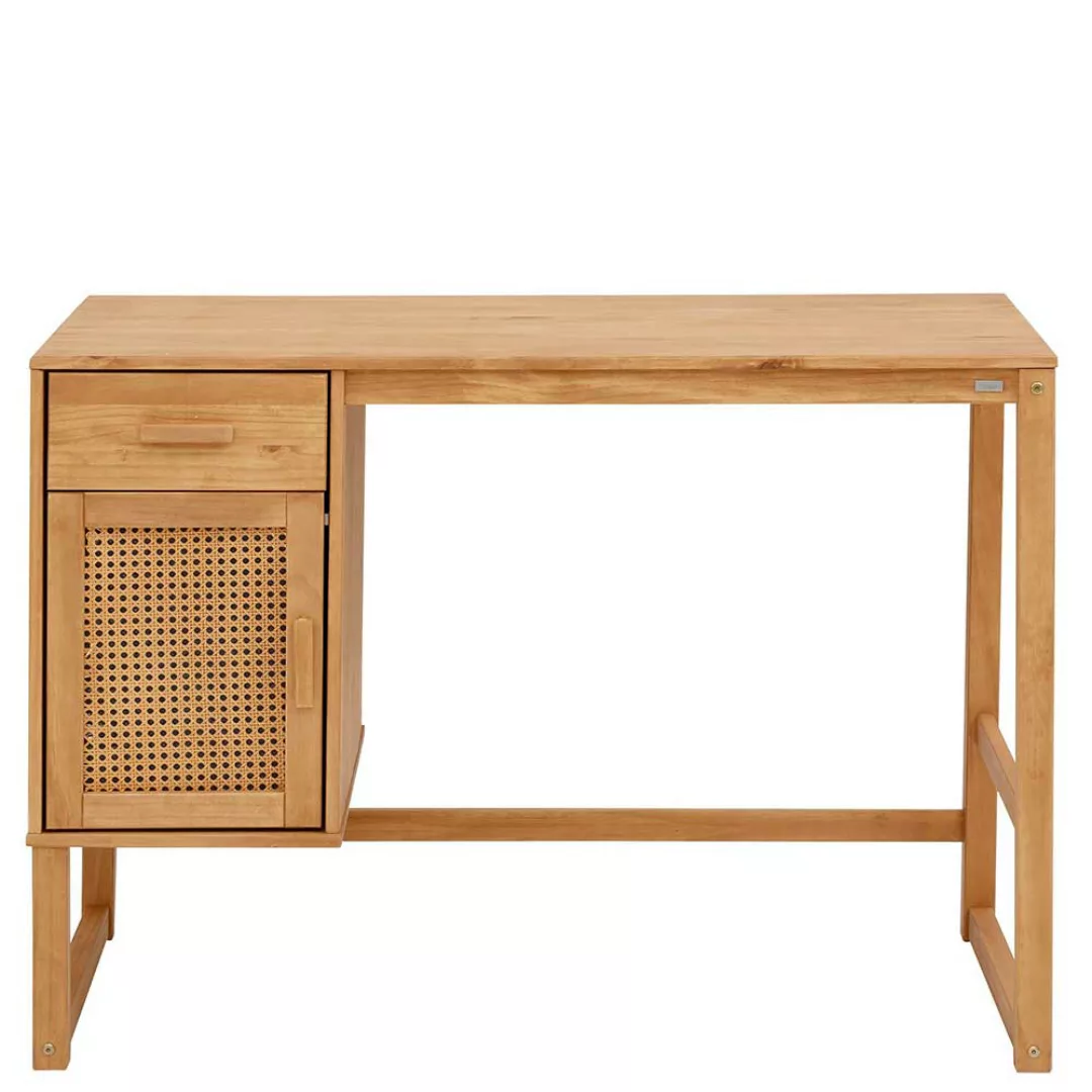 Moderner Schreibtisch aus Kiefer Massivholz und Rattan Tür günstig online kaufen