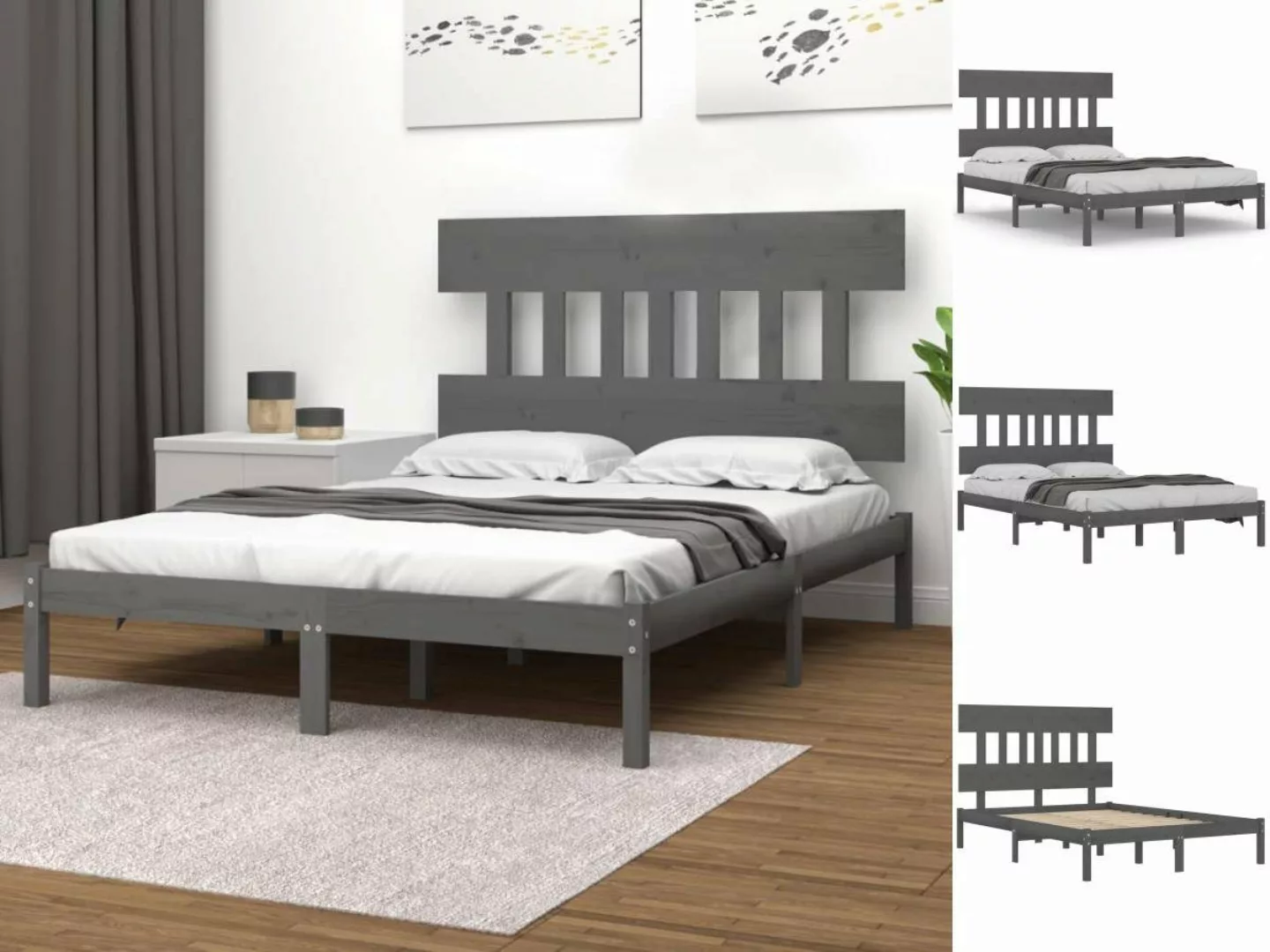 vidaXL Bettgestell Massivholzbett Grau 200x200 cm Bett Bettgestell Doppelbe günstig online kaufen