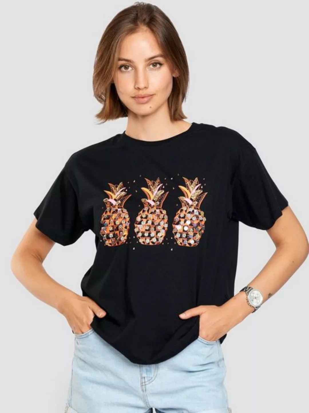 Freshlions T-Shirt T-Shirt Ananas schwarz S Pailletten günstig online kaufen