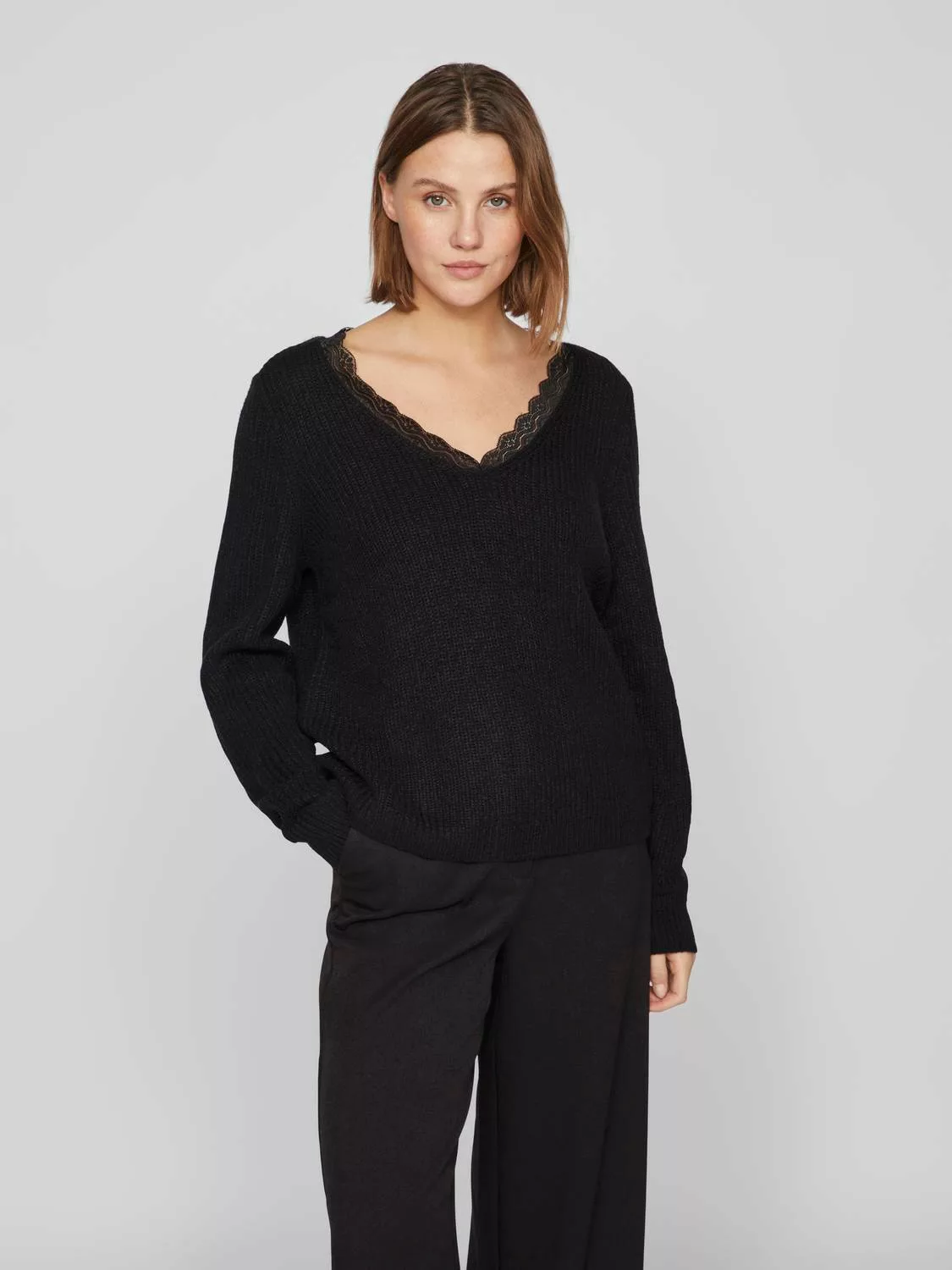 Vila V-Ausschnitt-Pullover VILOU REV V-NECK L/S LACE KNIT TOP -NOOS günstig online kaufen