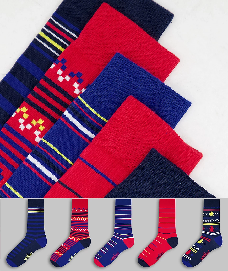 Original Penguin – 5er-Pack festlich bedruckte Socken in Marineblau günstig online kaufen