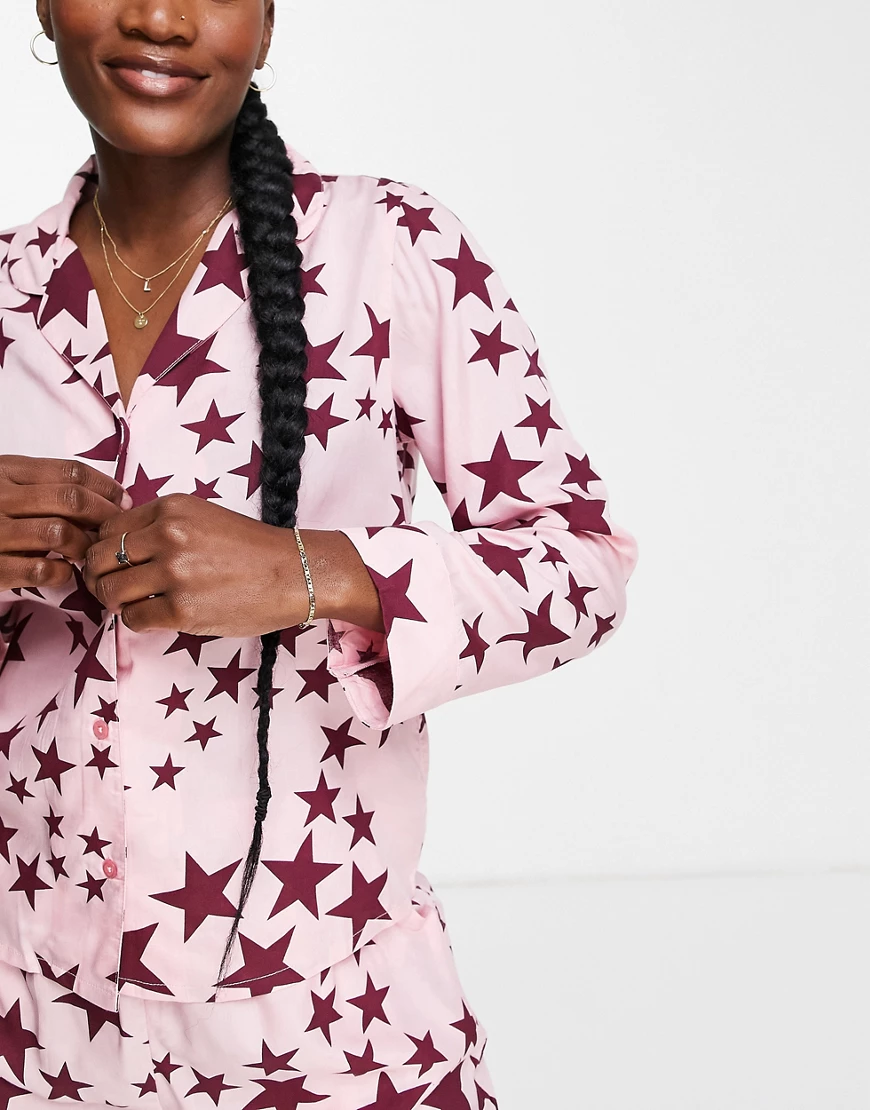 ASOS DESIGN – Mix & Match – Pyjamahemdbluse aus Modal in Rosa mit Sternenmu günstig online kaufen