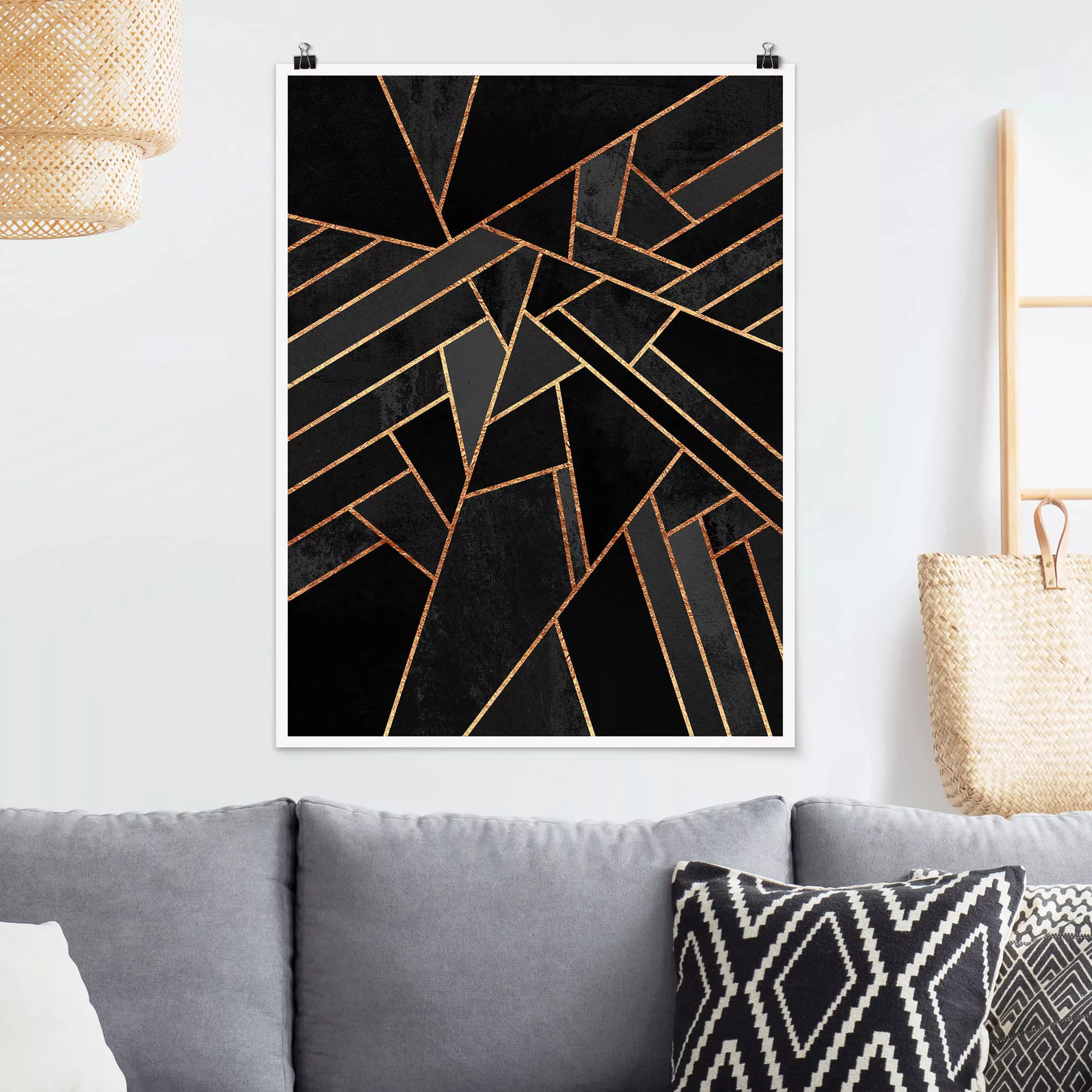 Poster Kunstdruck - Hochformat Schwarze Dreiecke Gold günstig online kaufen