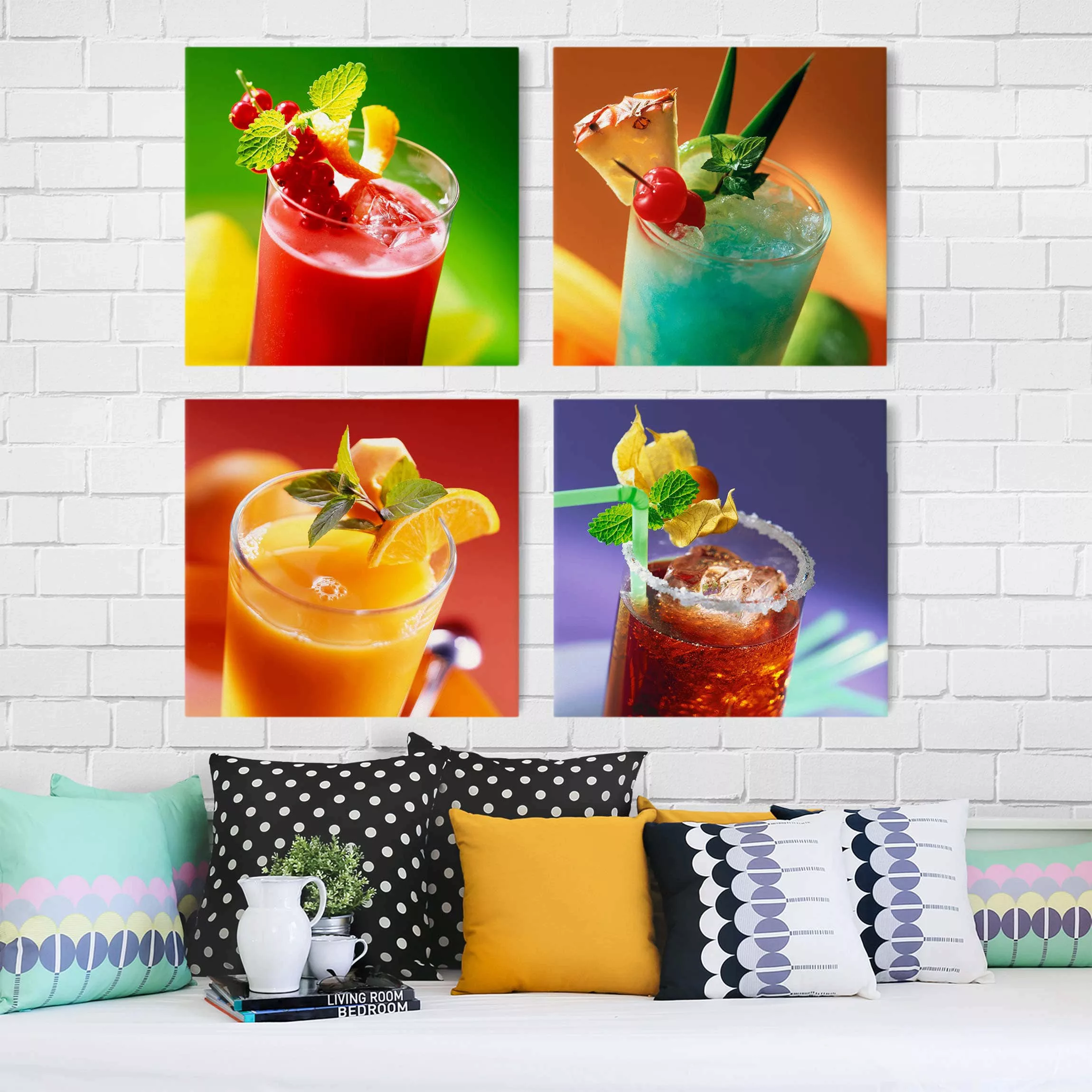 4-teiliges Leinwandbild - Quadrat Bunte Cocktails günstig online kaufen