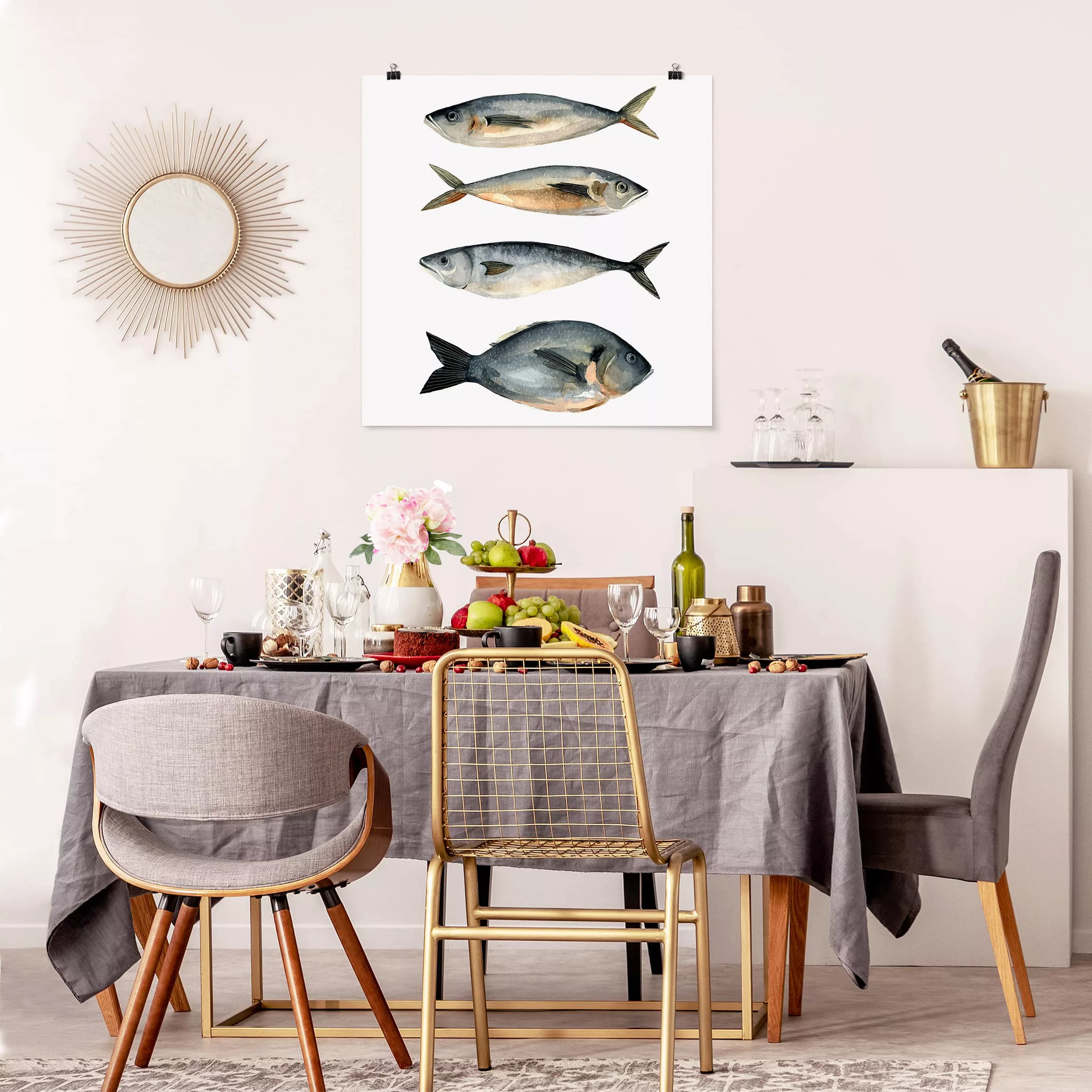 Poster Blumen - Quadrat Vier Fische in Aquarell I günstig online kaufen