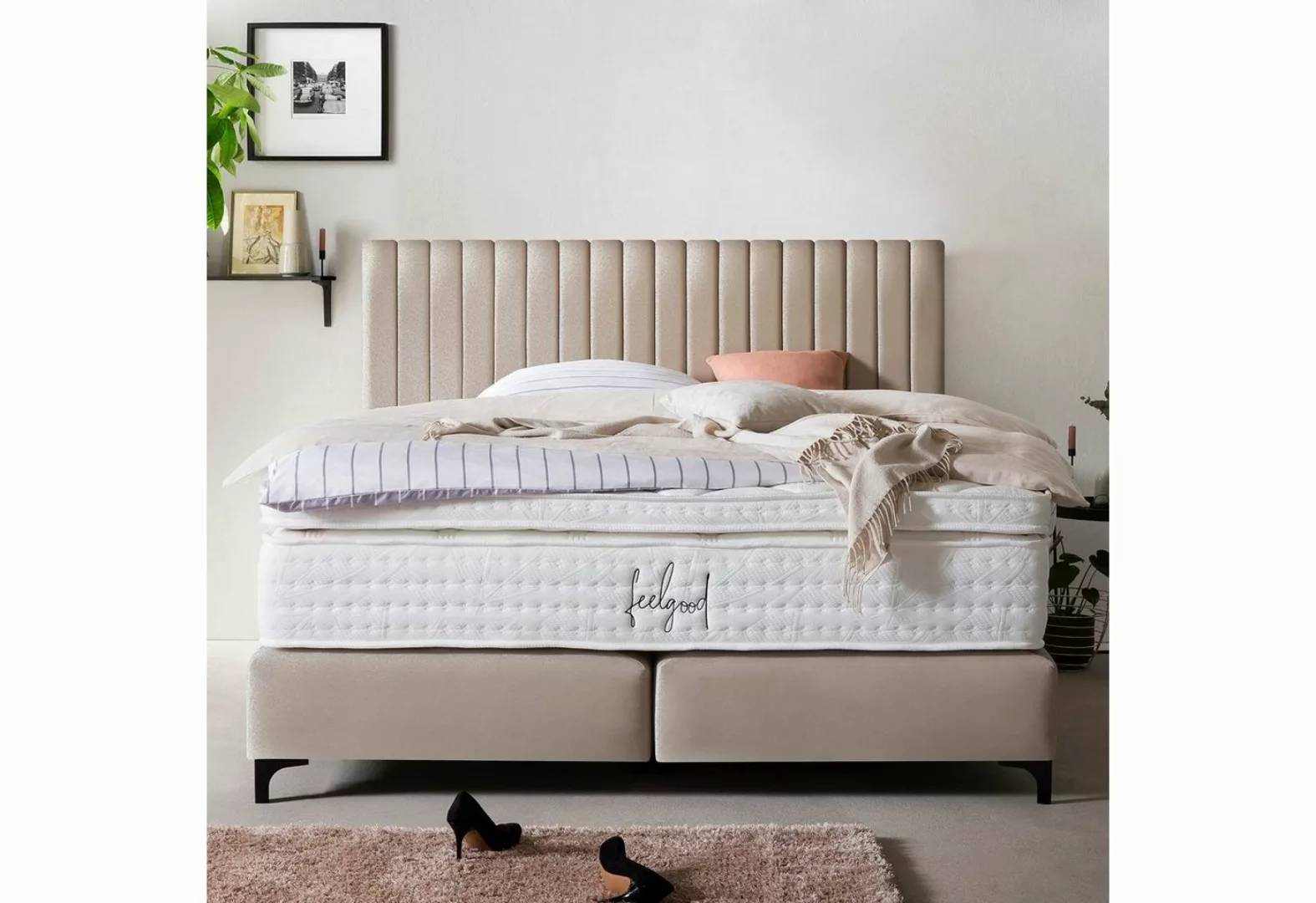 BettCo Boxspringbett Paris (in Beige Samt), Pfeifensteppung, Topper optiona günstig online kaufen