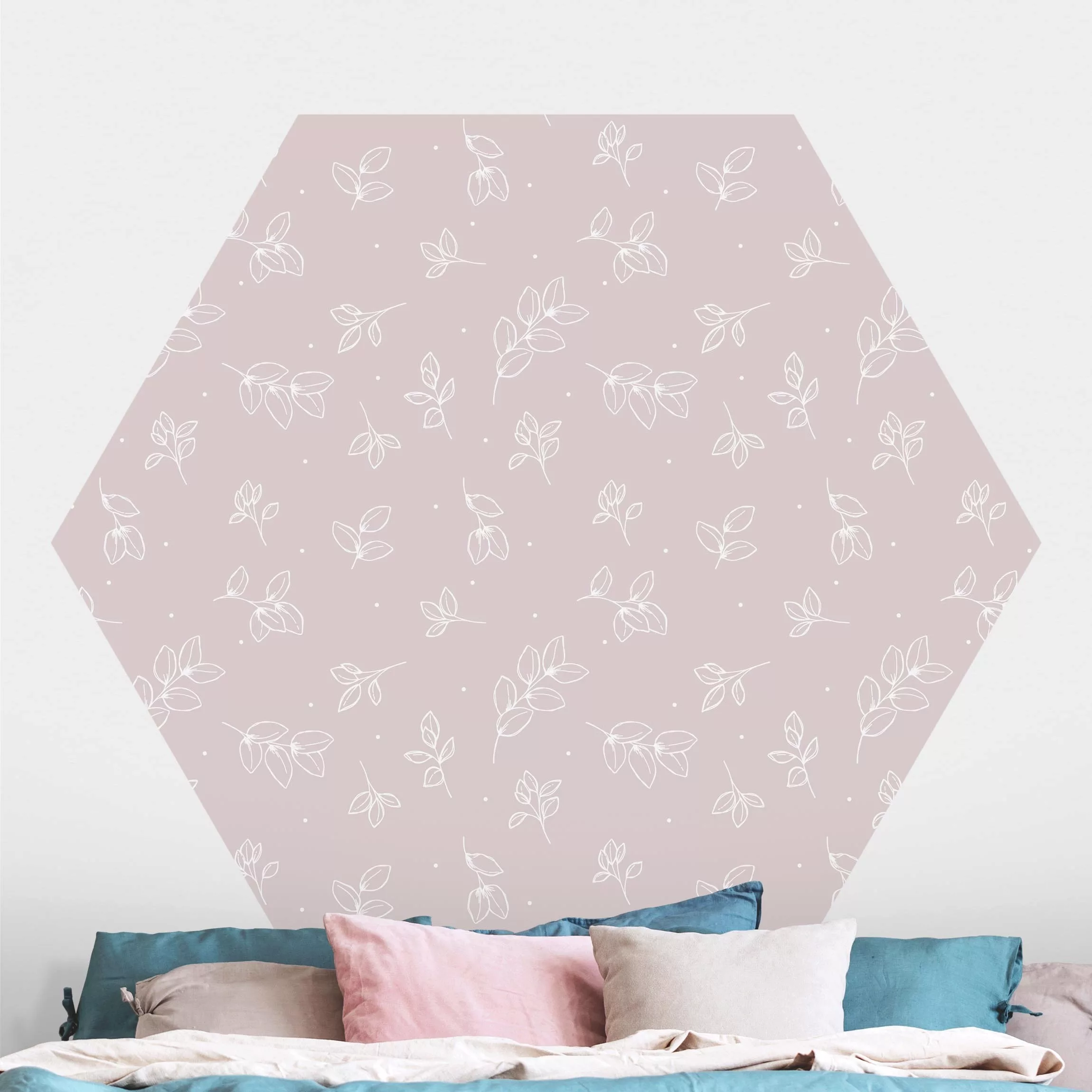 Hexagon Mustertapete Illustrierte Blätter Muster Pastell Rosa günstig online kaufen