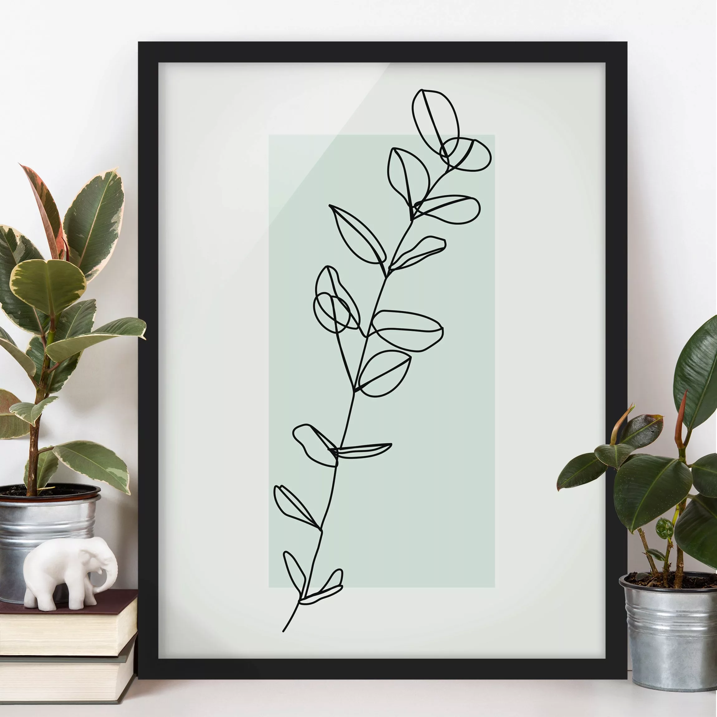 Bild mit Rahmen Blumen - Hochformat Zweig Geometrie Viereck Line Art günstig online kaufen