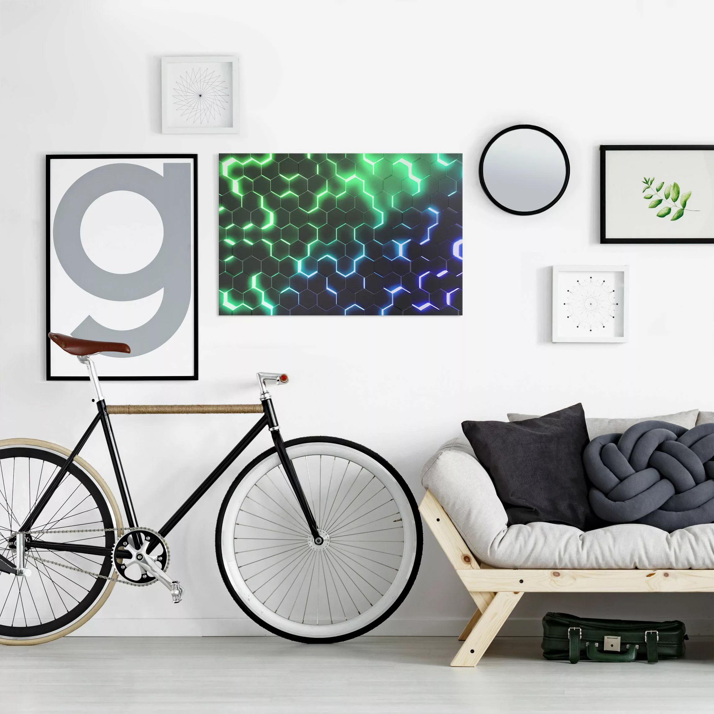 Leinwandbild Strukturierte Hexagone mit Neonlicht in Grün und Blau günstig online kaufen