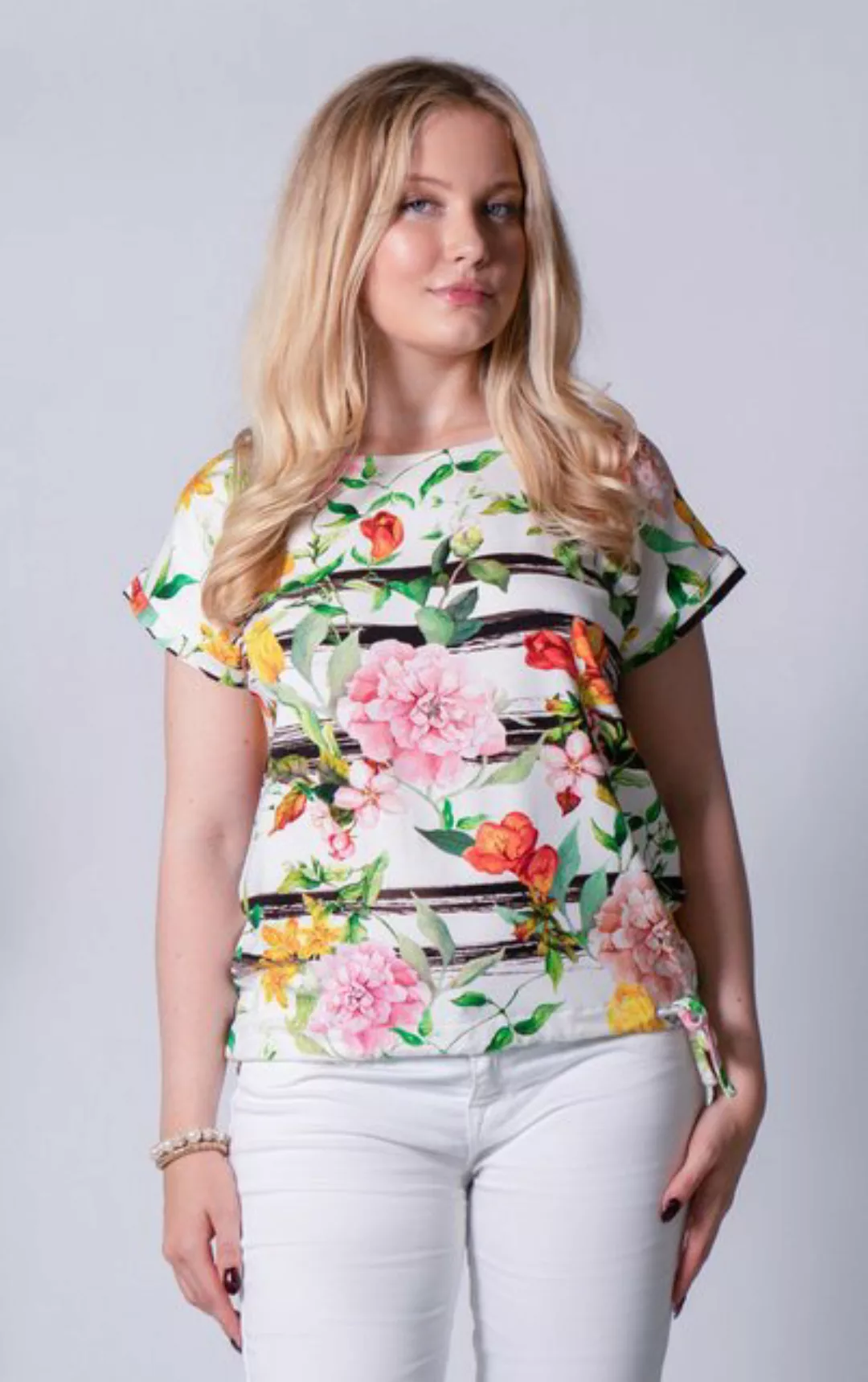 Passioni Print-Shirt Weißes T-Shirt mit buntem Blumenprint Streifen, Tunnel günstig online kaufen