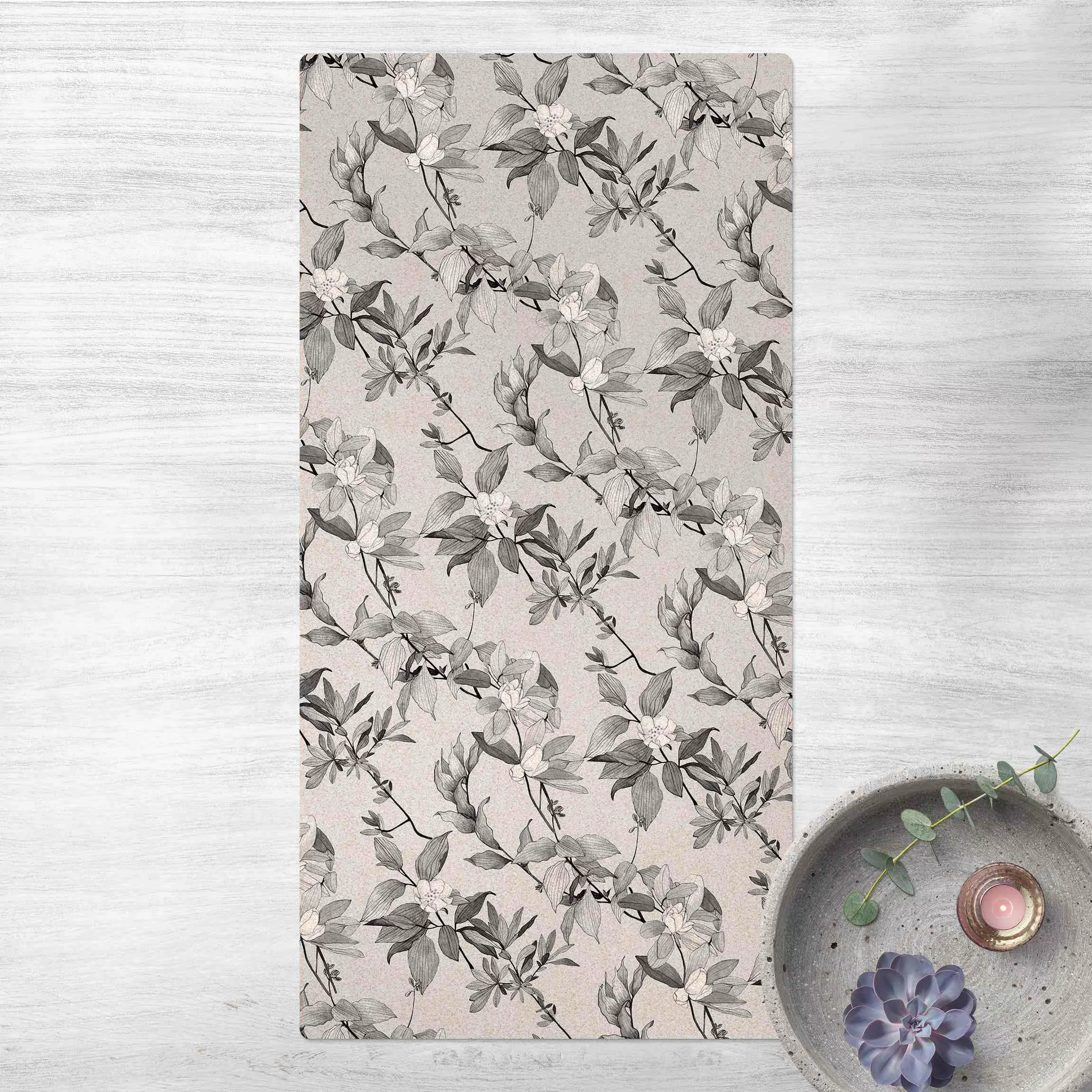 Kork-Teppich Romantisches Blütenaquarell Natur Grau günstig online kaufen