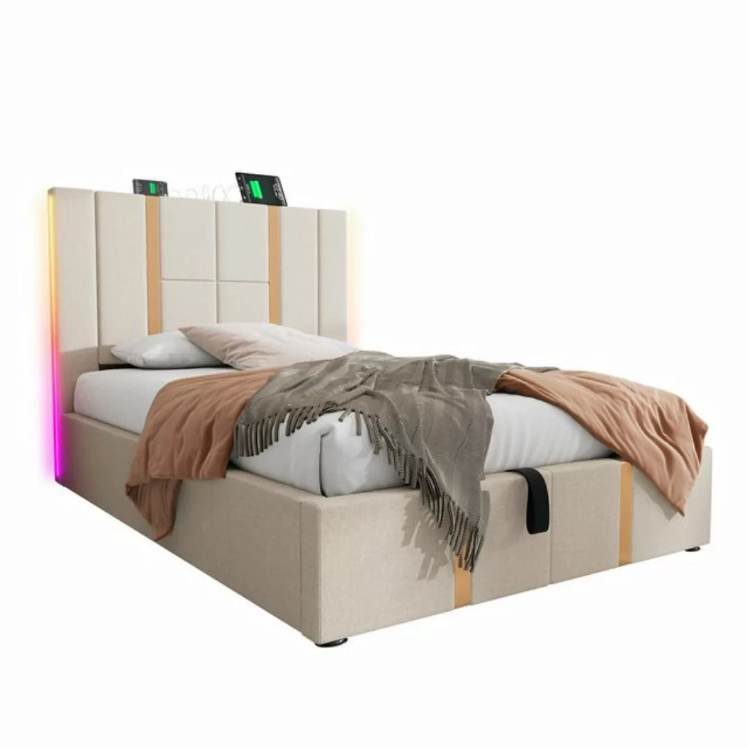 Rutaqian Stauraumbett Bettgestell 90×200cm Polsterbett Einzelbett mit LED, günstig online kaufen