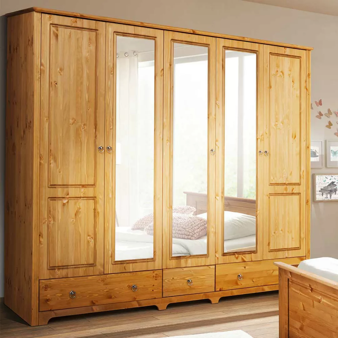 Landhaus Schlafzimmer aus Kiefer Massivholz Stauraumbett (vierteilig) günstig online kaufen