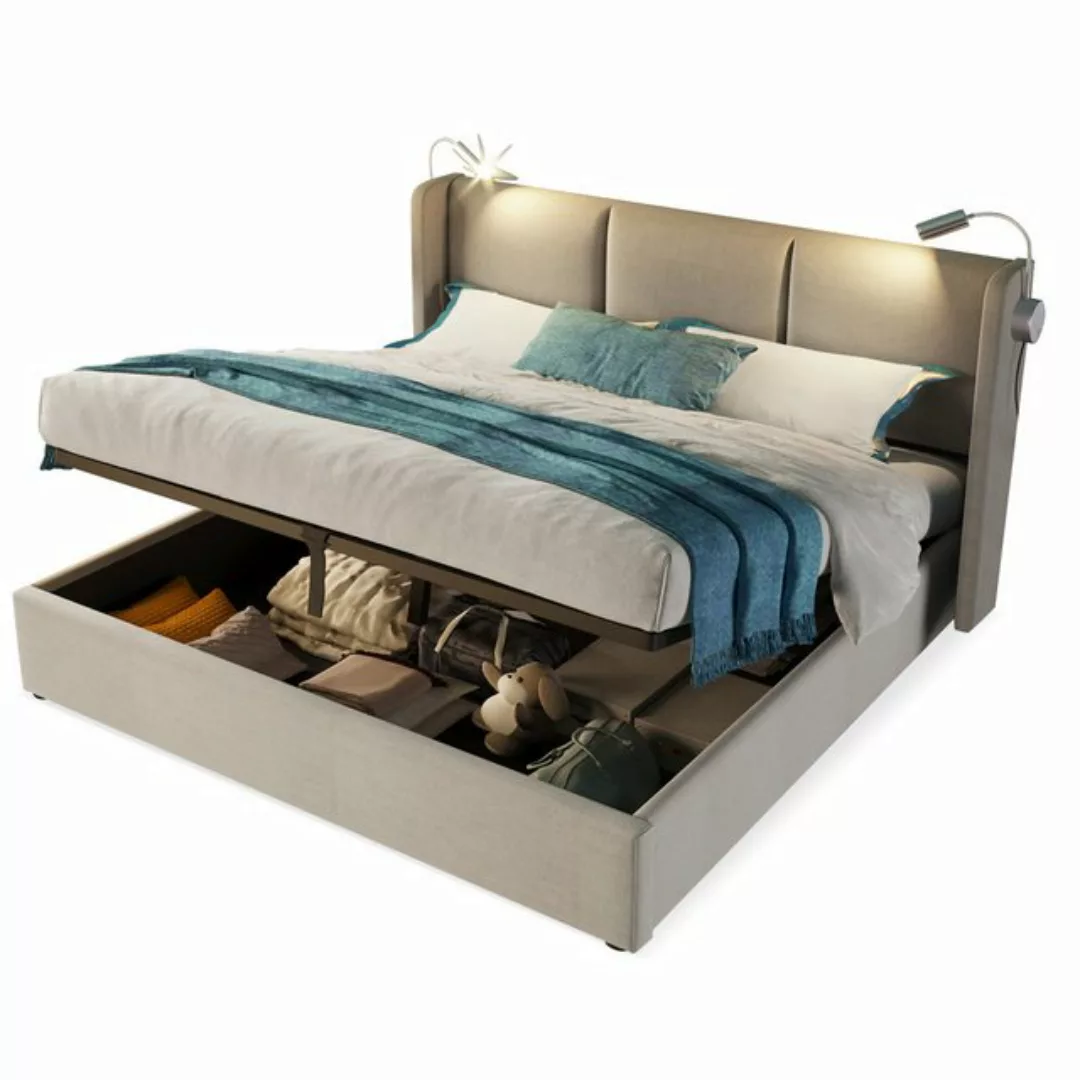 Ulife Polsterbett Beige Doppelbett Hydraulisches Stauraumbett Leinen, Lesel günstig online kaufen